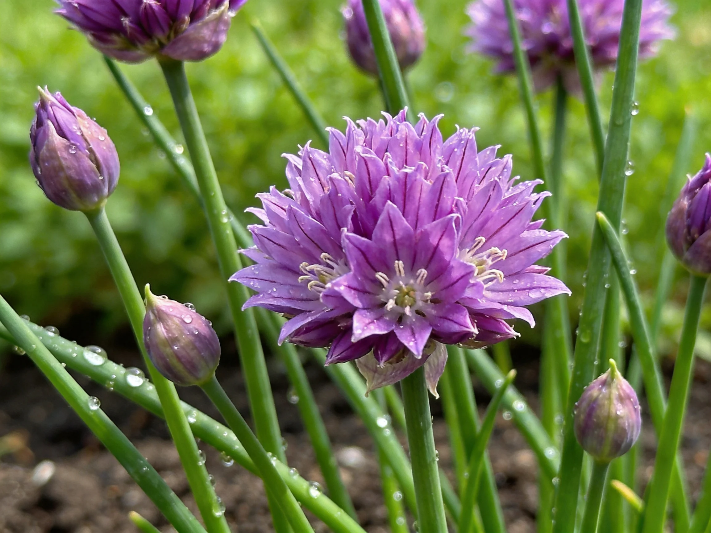 Purple chive flowers blooming with dew drops on green stems