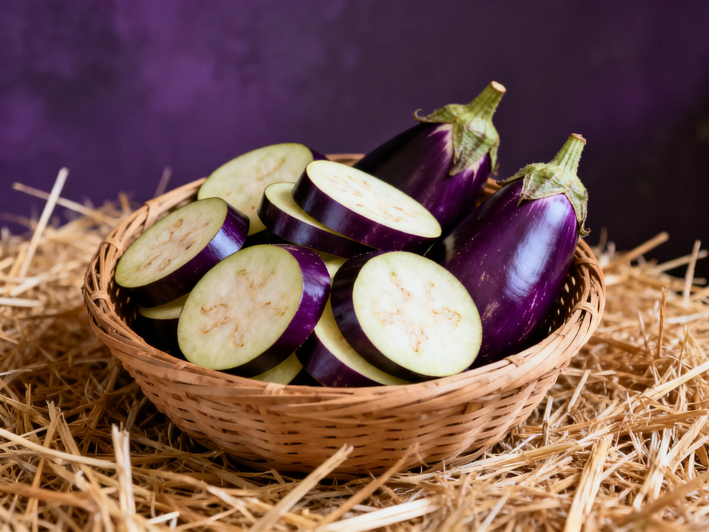 Purple eggplant slices and whole eggplants in a woven basket