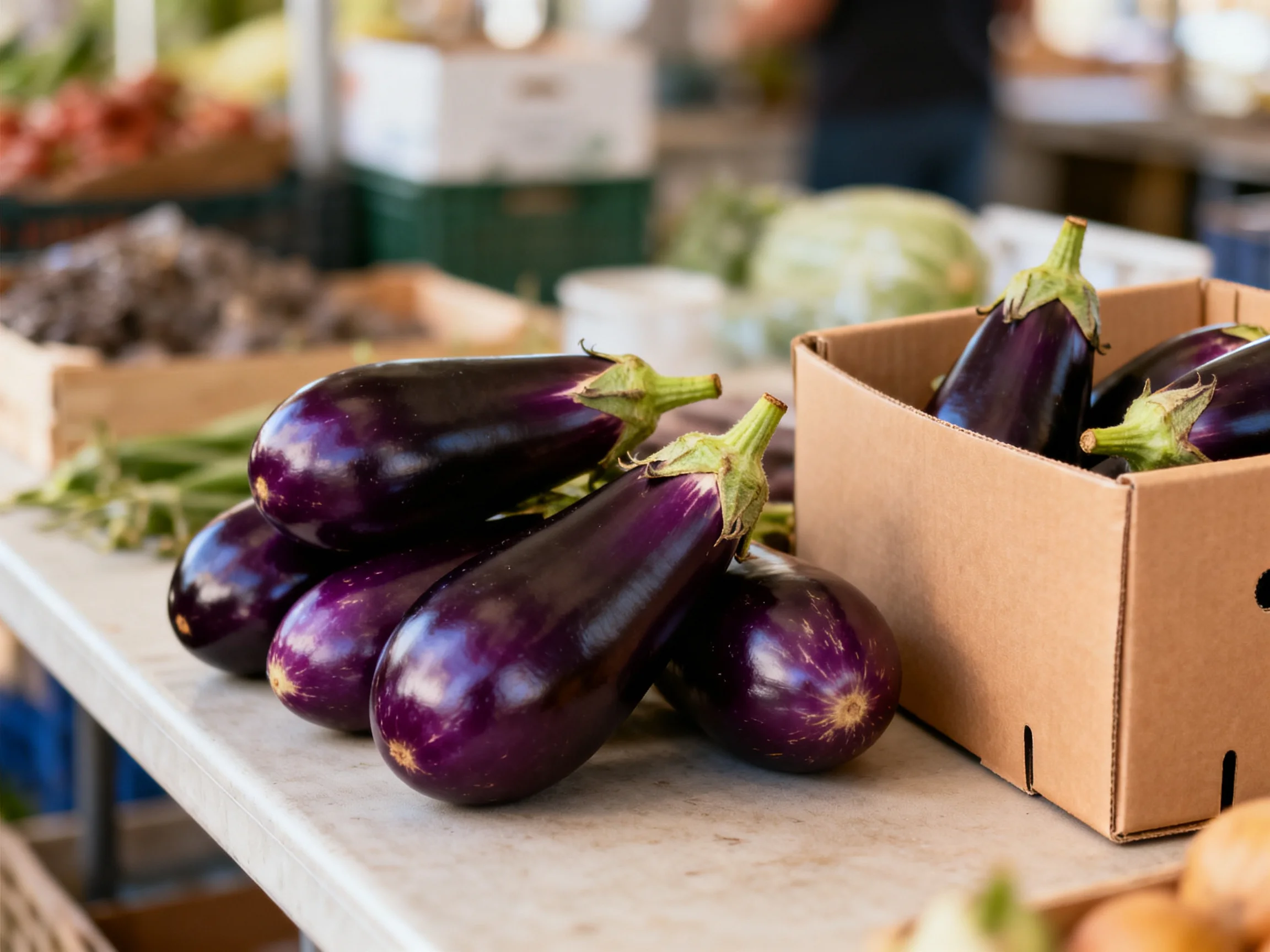 Purple eggplants displayed at a farmers market stand