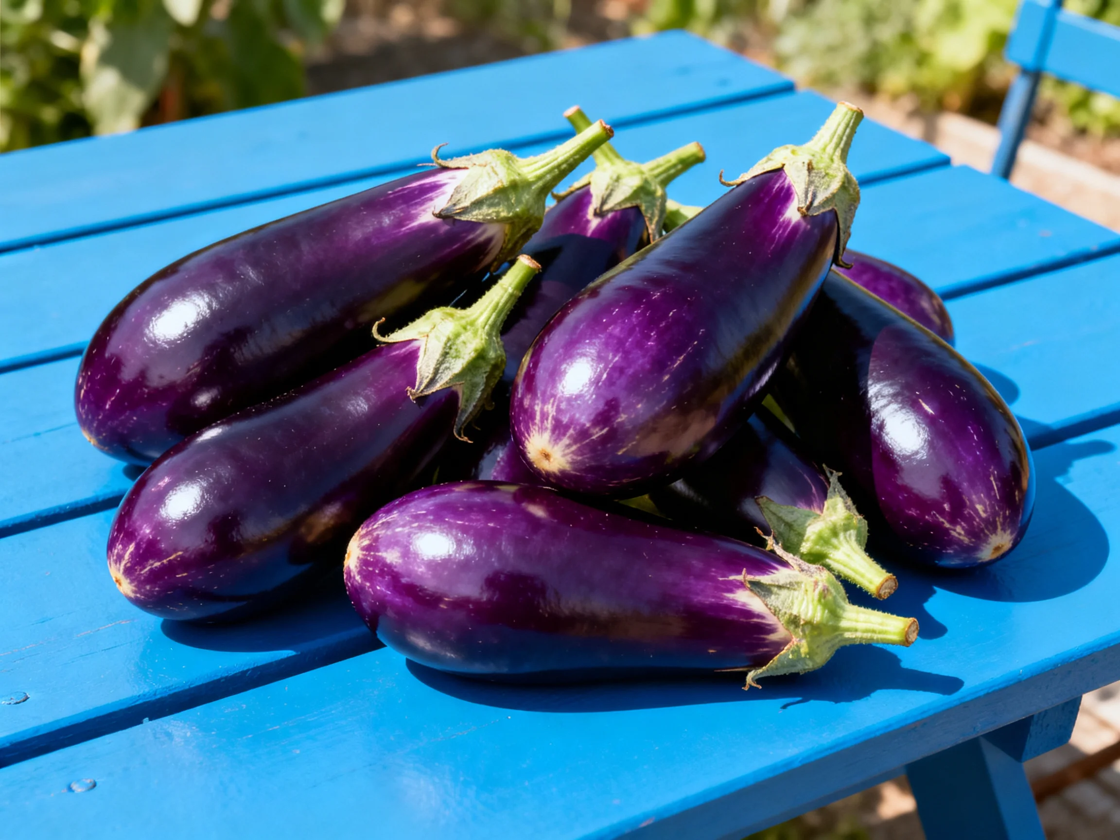 Purple eggplants grouped on a bright blue outdoor table