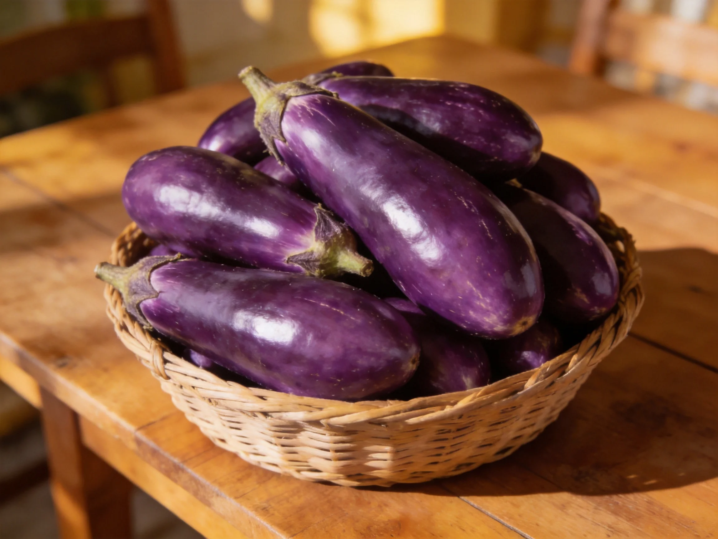 Purple eggplants piled high in a wicker basket on a wooden table
