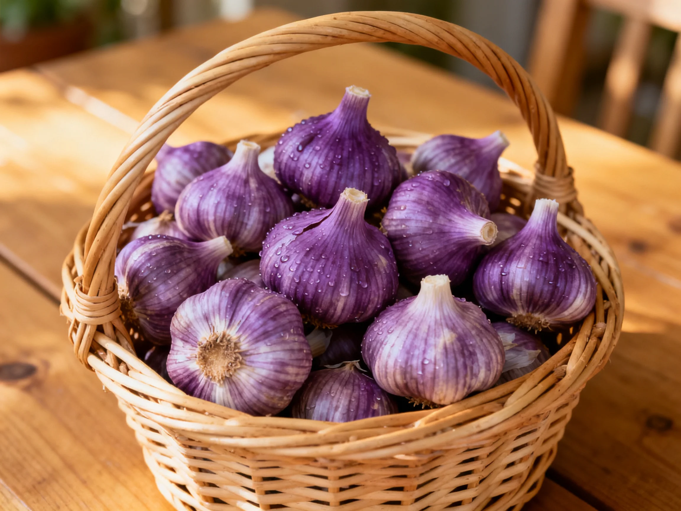 Purple garlic bulbs arranged in a woven wicker basket on a wooden table