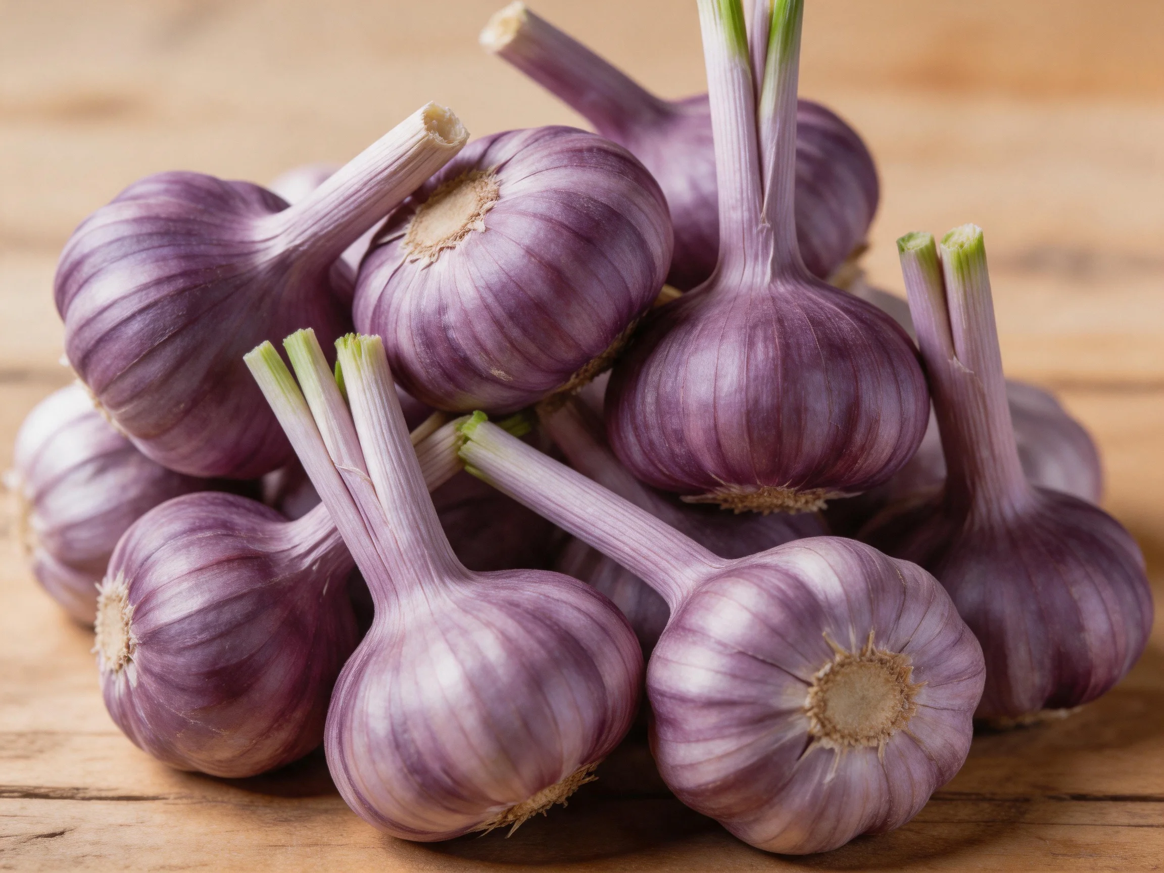 Purple garlic bulbs clustered together on a wooden surface