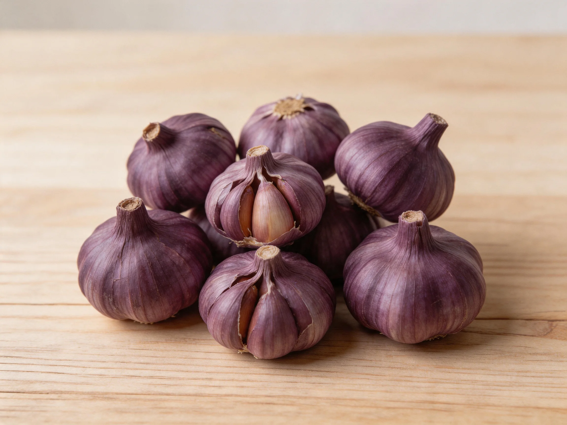 Purple garlic bulbs grouped together on a light wooden surface