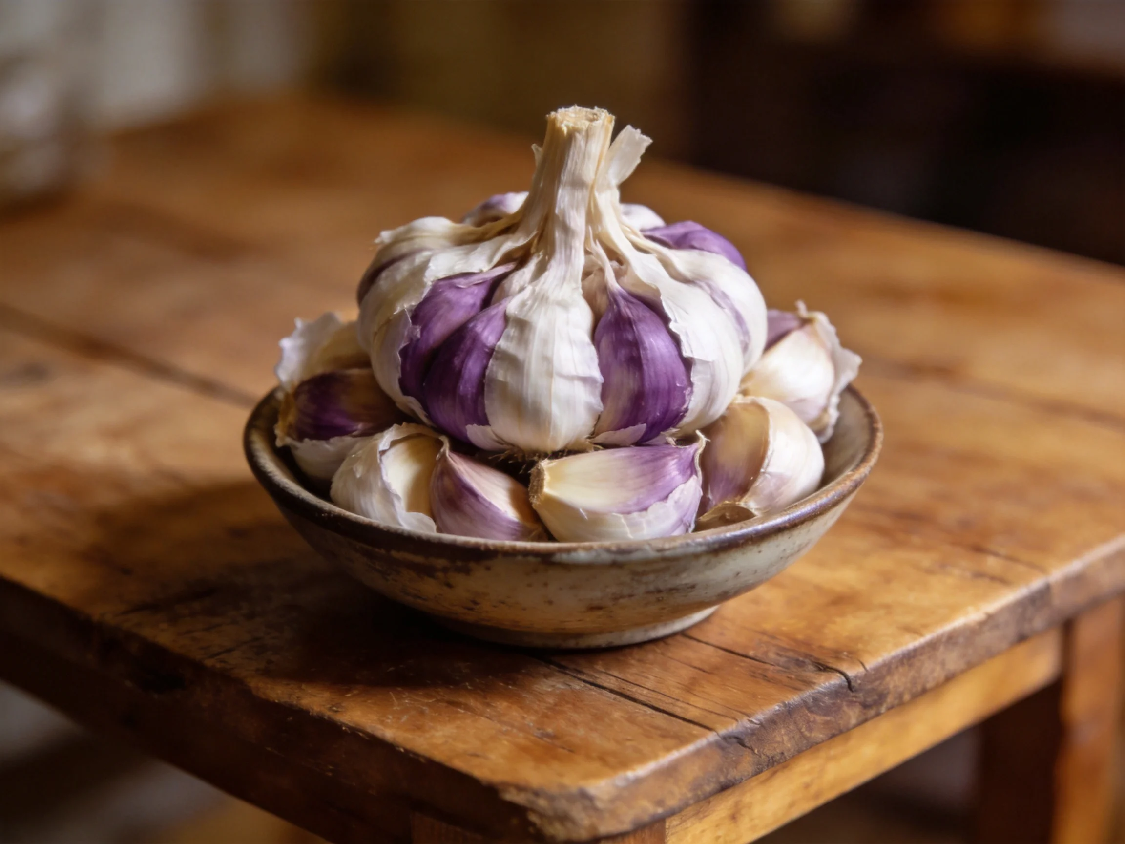 Purple-hued garlic bulbs and cloves in an aged ceramic bowl on a rustic wooden table