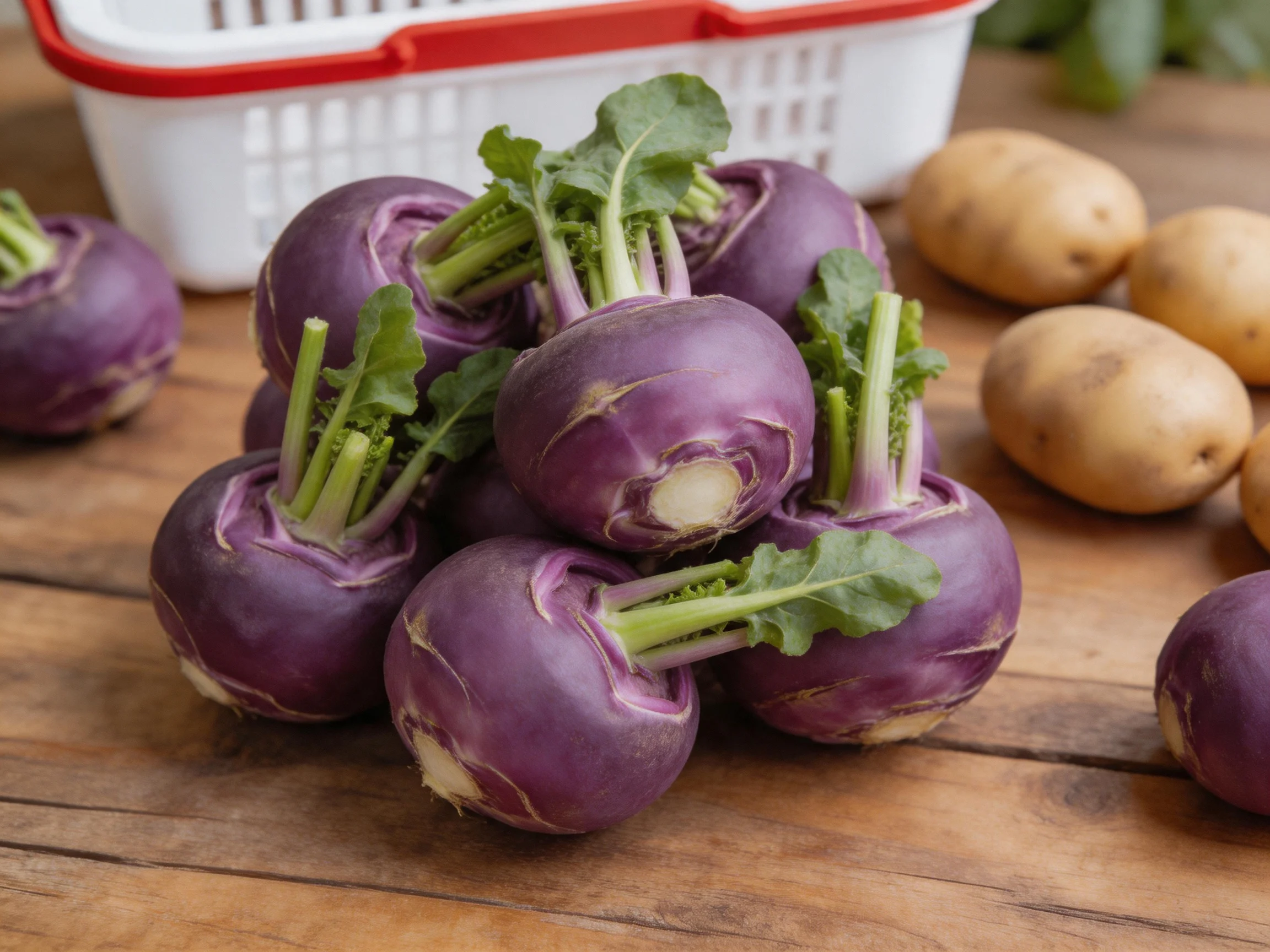 Purple kohlrabi clustered with golden potatoes on wooden planks