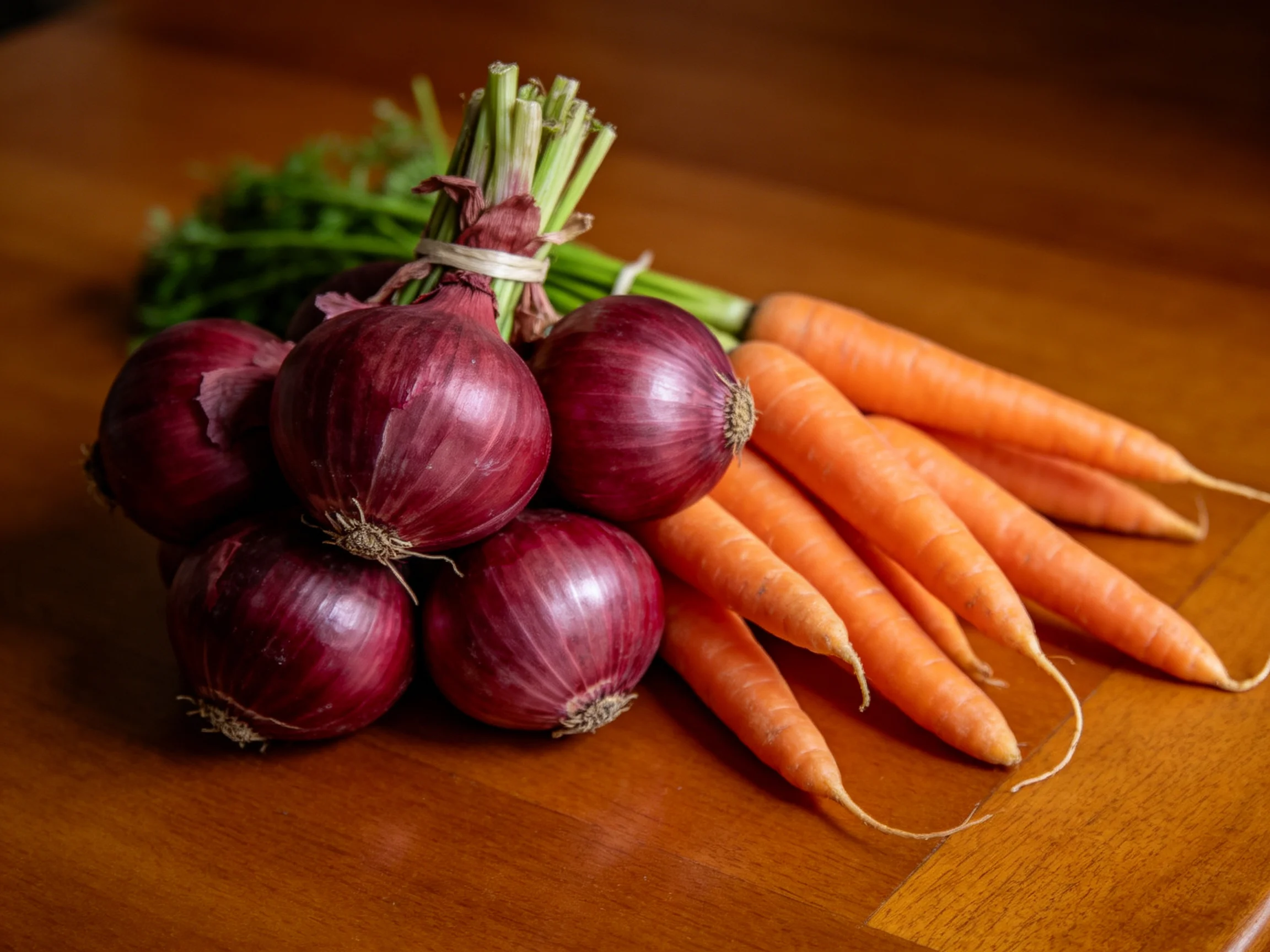 Purple-red onions and orange carrots arranged on a polished wooden surface