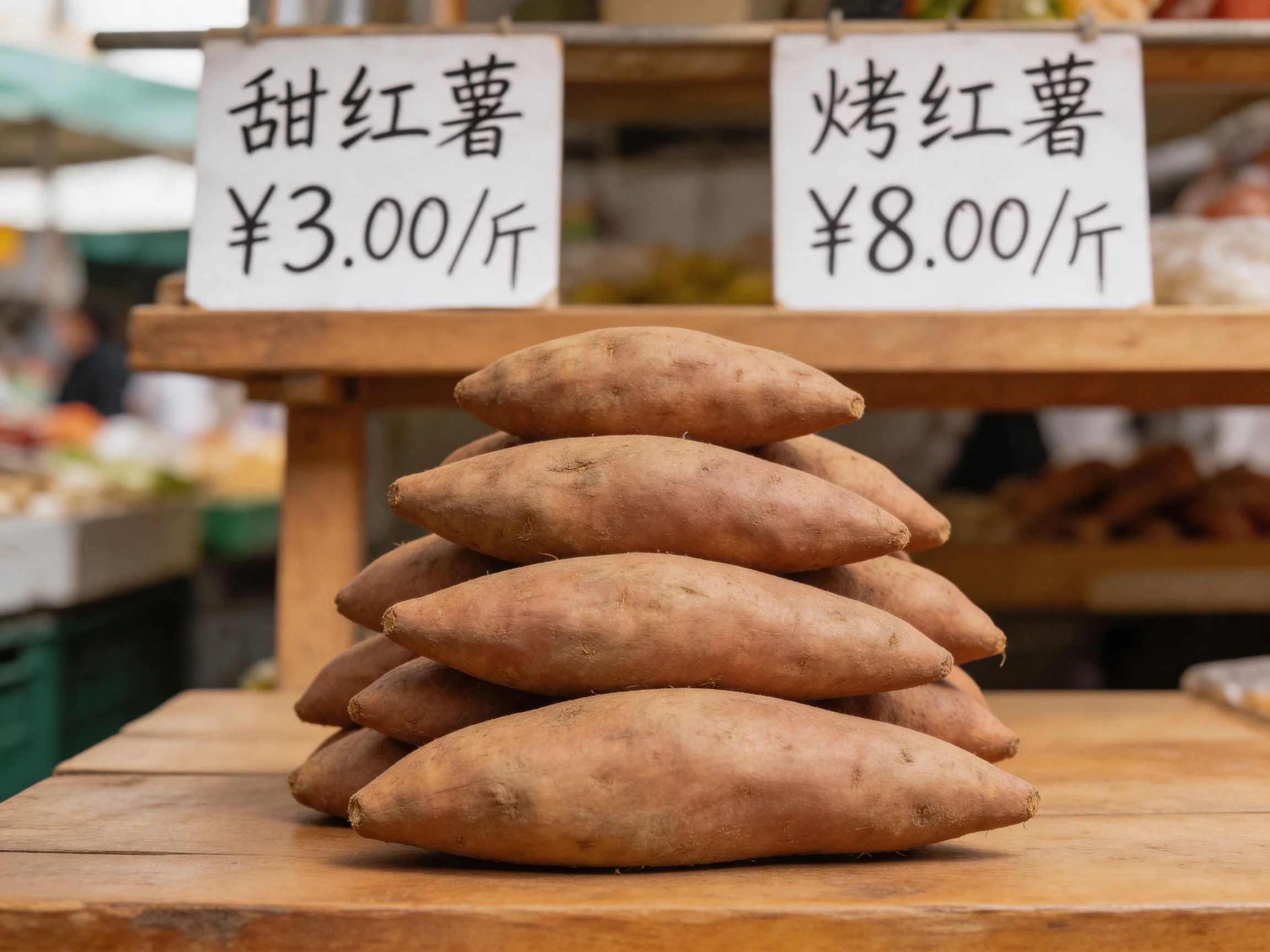 Pyramid of sweet red potatoes at a market stall with price signs