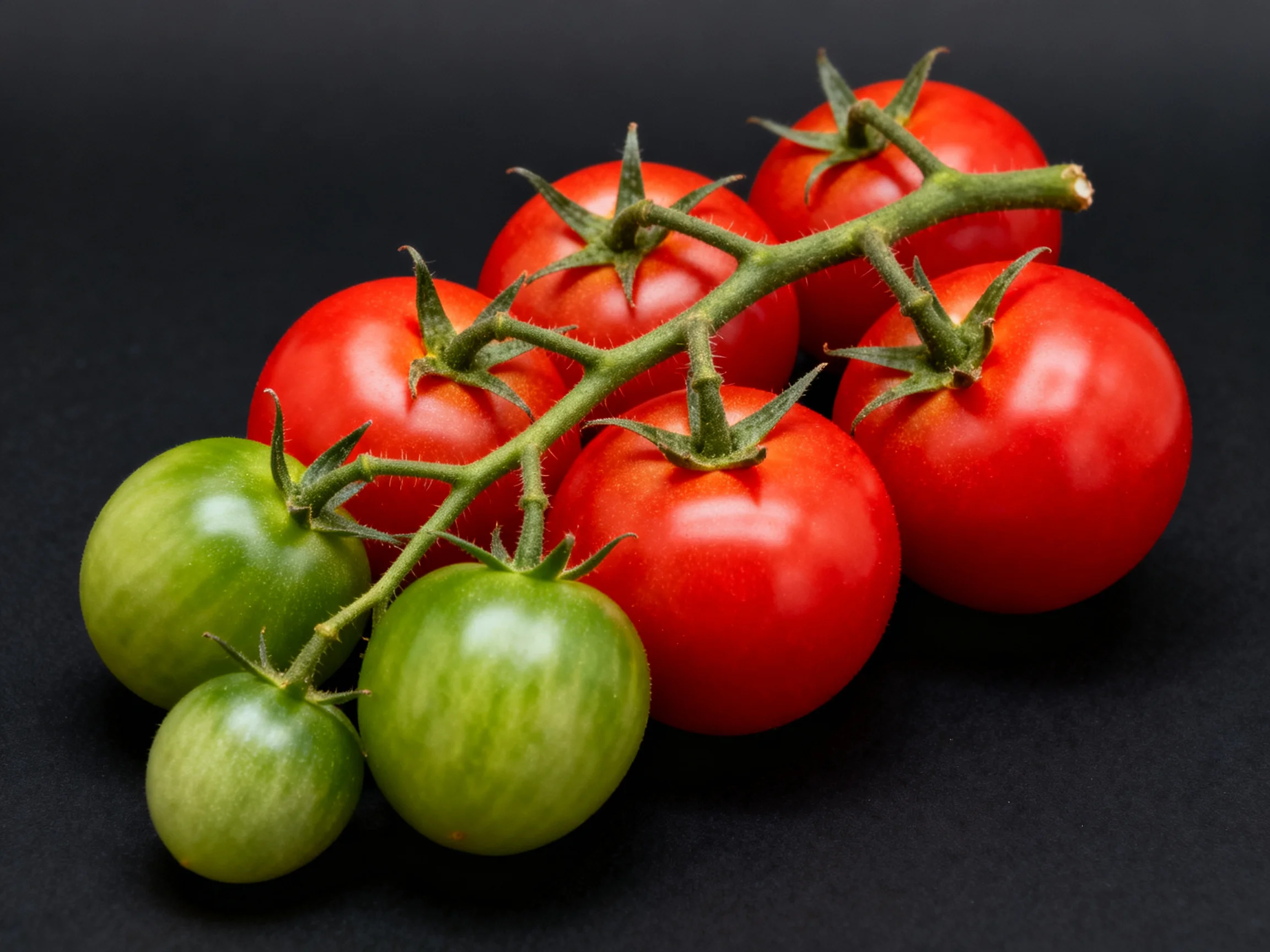 Red and green cherry tomatoes clustered on a vine