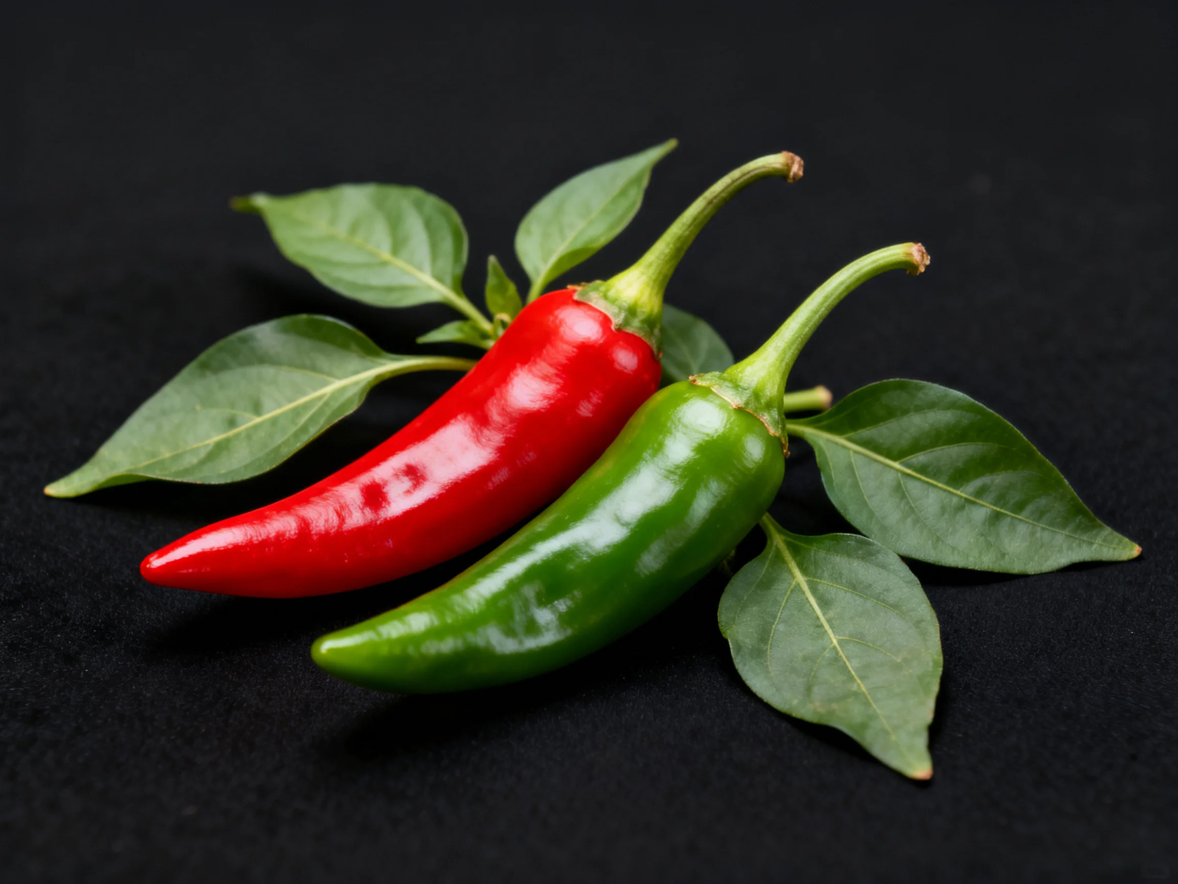 Red and green glossy chili peppers with fresh leaves on a black surface