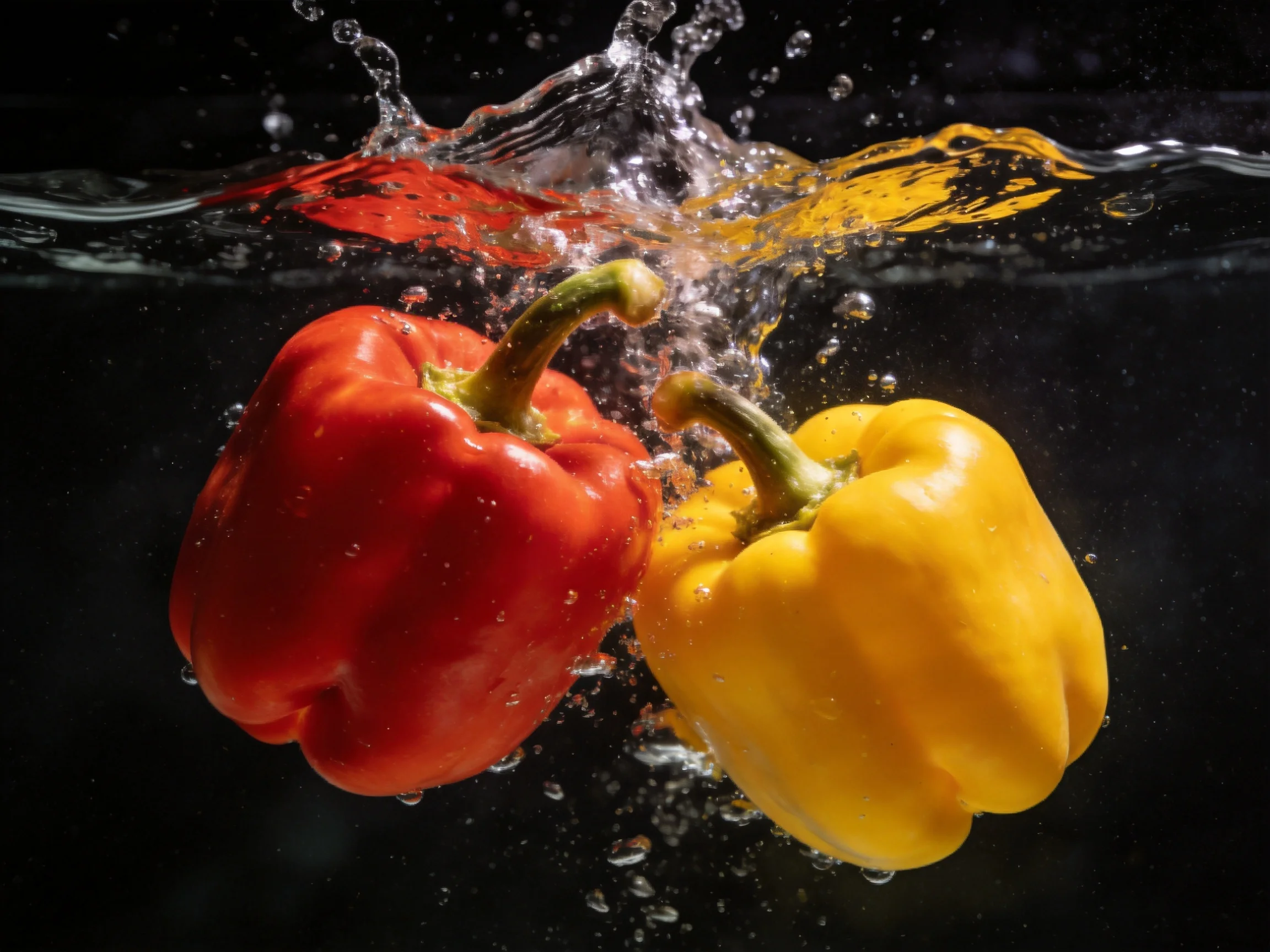 Red and yellow bell peppers splashing into water with dynamic motion