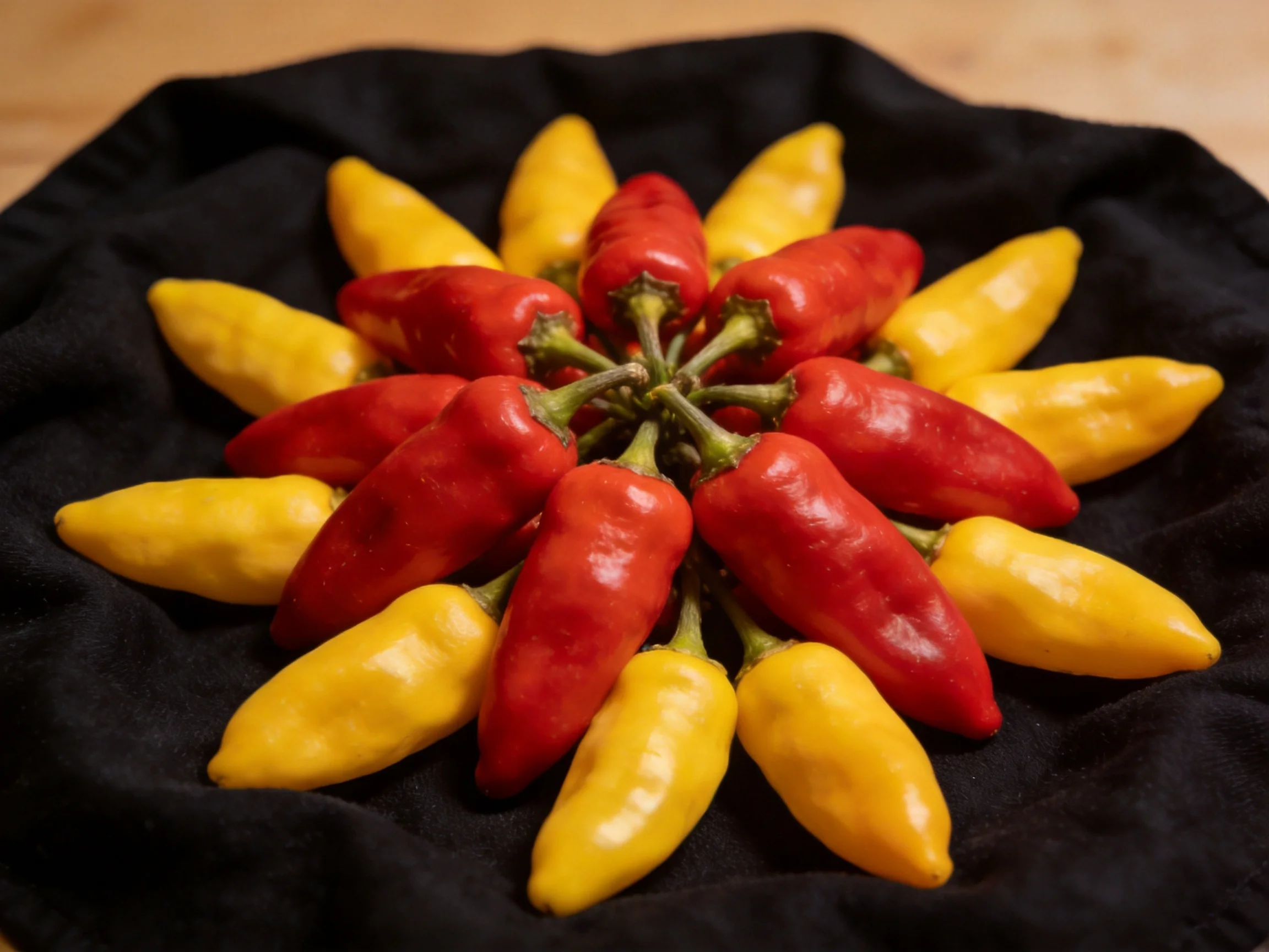Red and yellow peppers arranged in a circular pattern on a black cloth