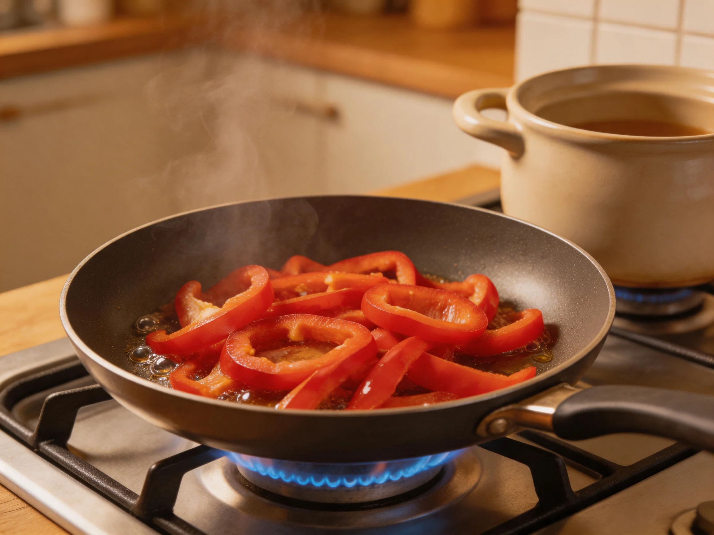 Red bell pepper slices cooking in a frying pan over a lit gas stove