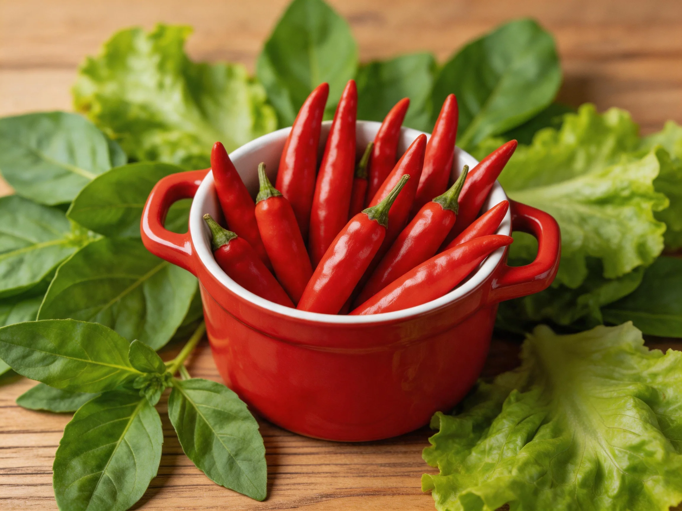 Red chili peppers in a red ceramic bowl among fresh green leafy vegetables