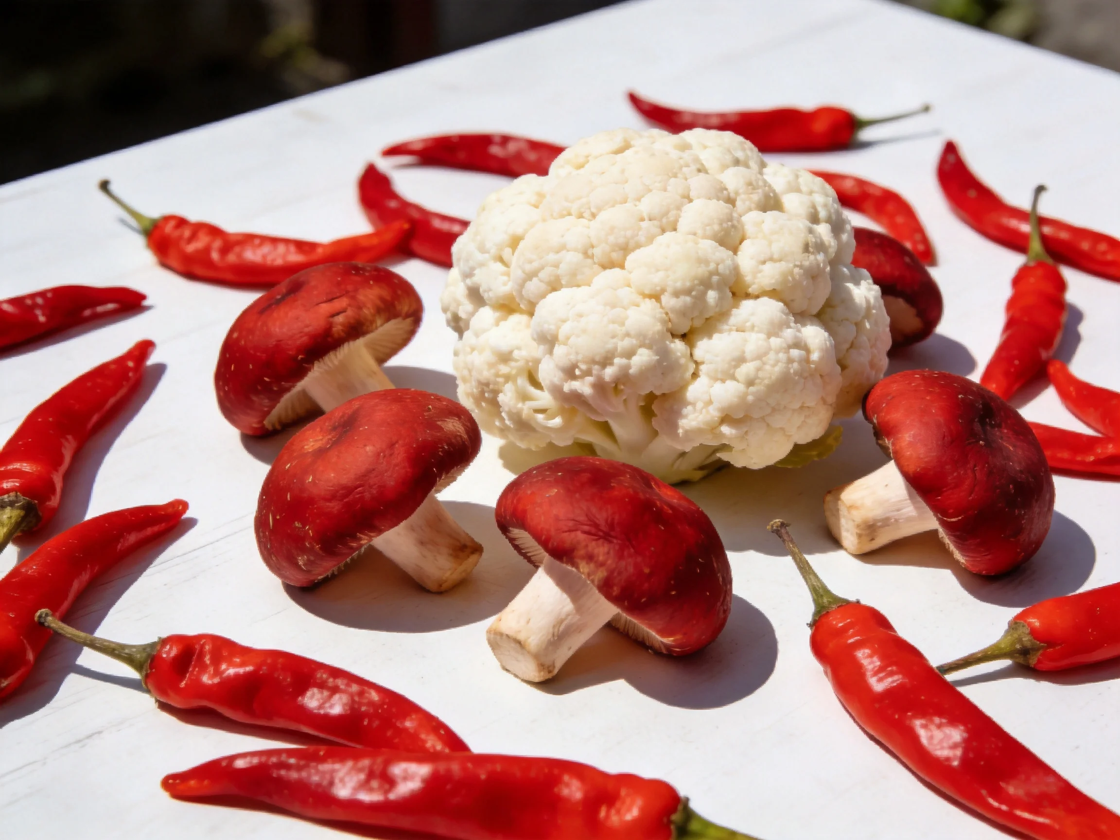 Red chili peppers, red-capped mushrooms, and a white cauliflower on a white surface.