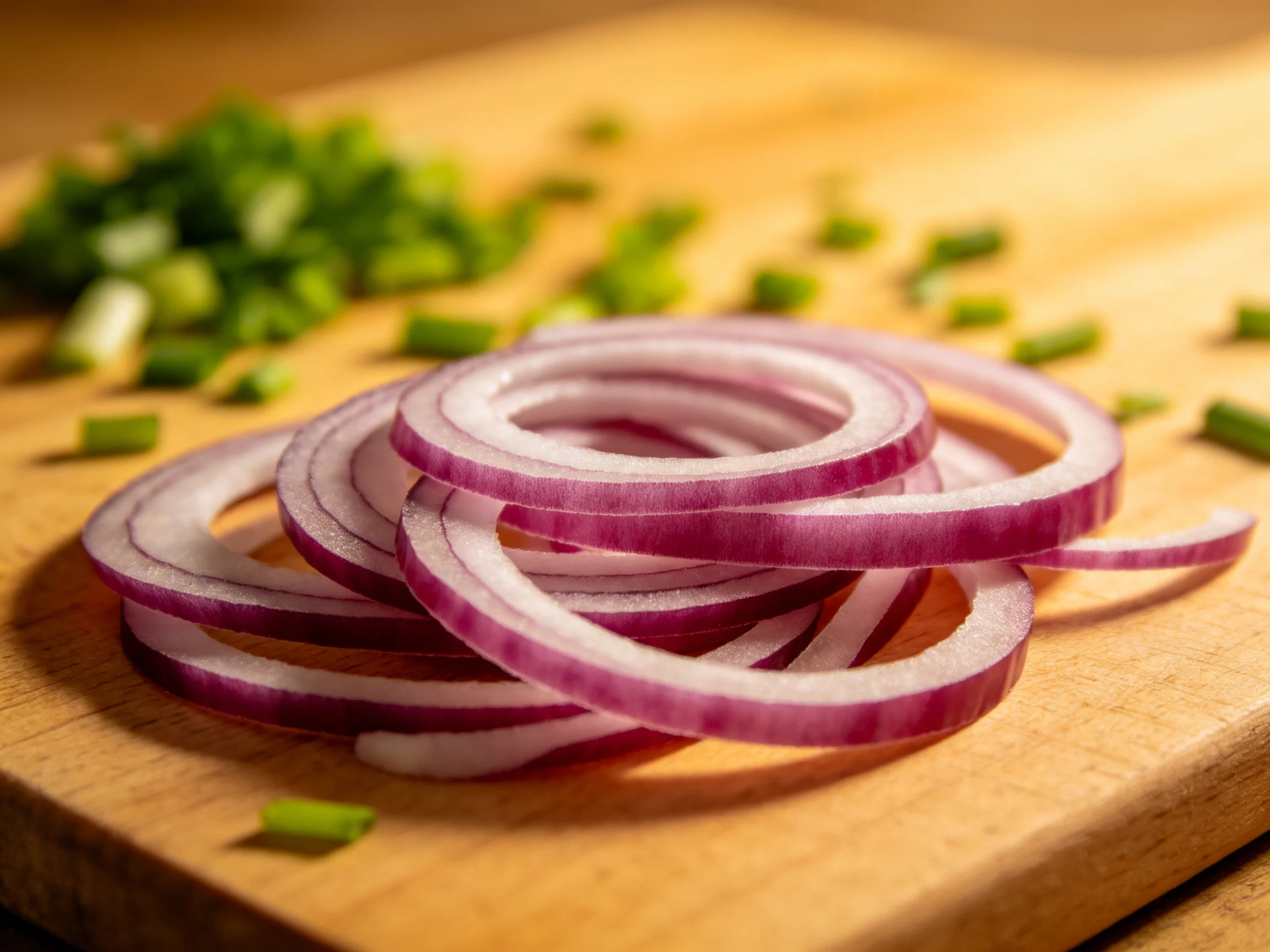 Red onion slices and chopped green herbs on a wooden cutting board