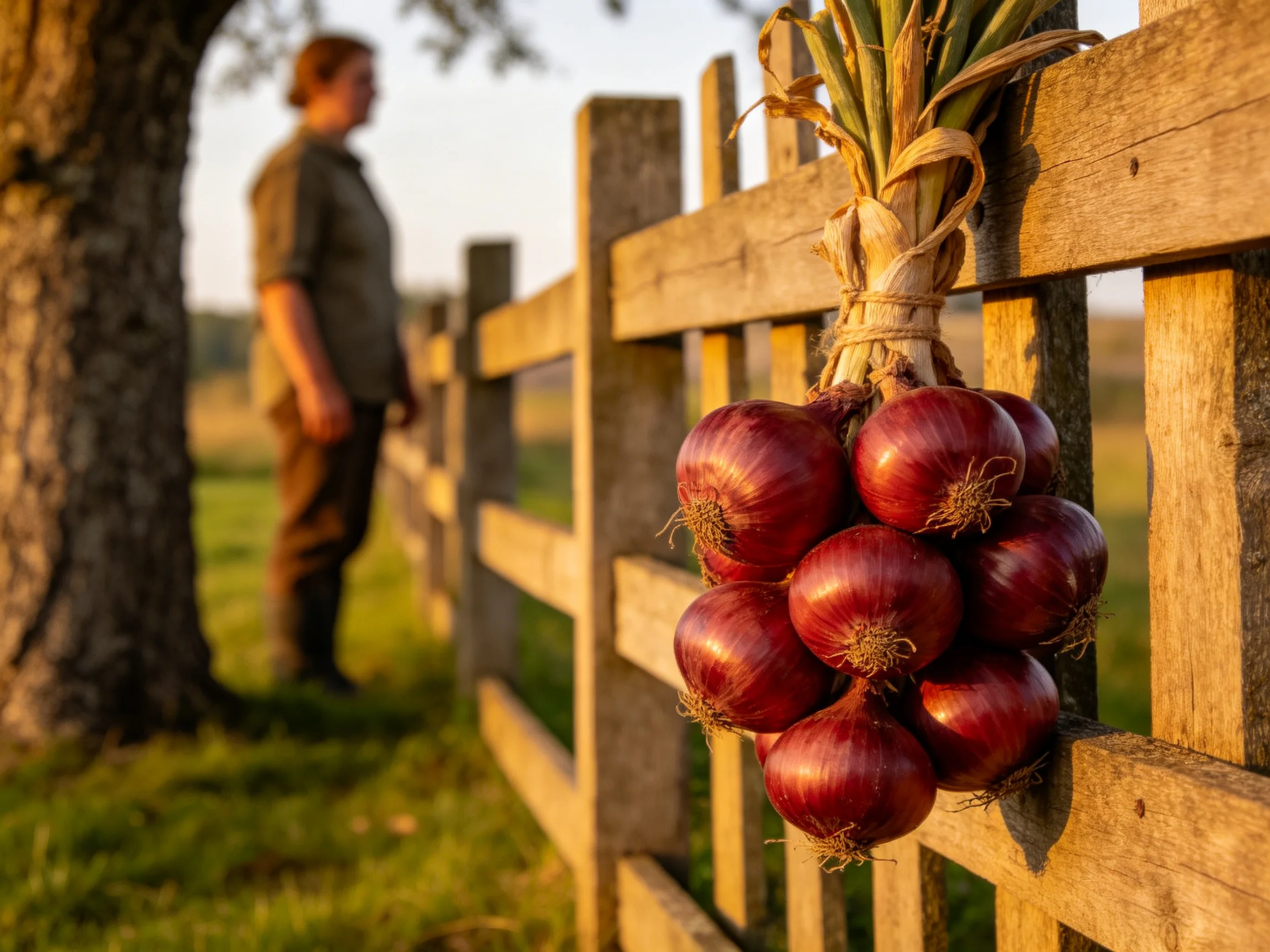 Red onions hang from a wooden fence near a person by