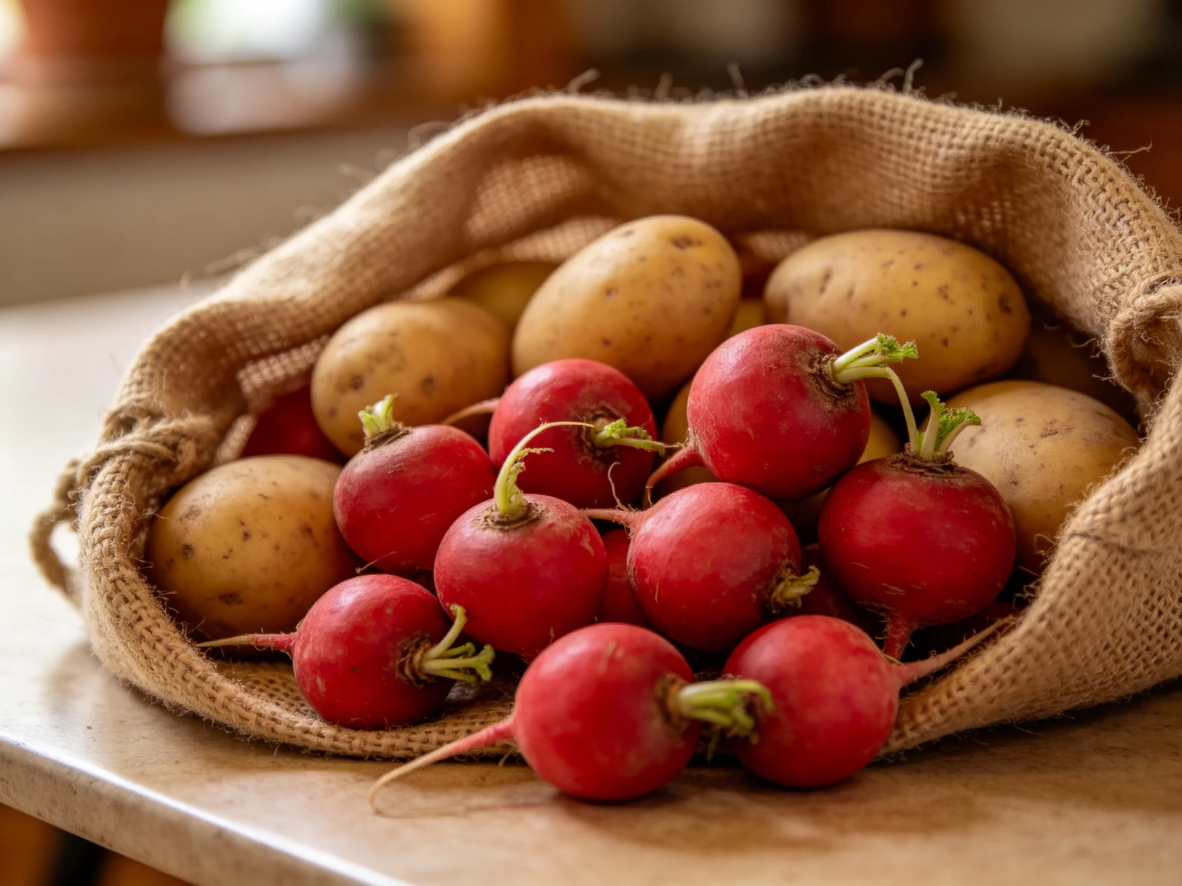 Red radishes and yellow potatoes in an open burlap sack