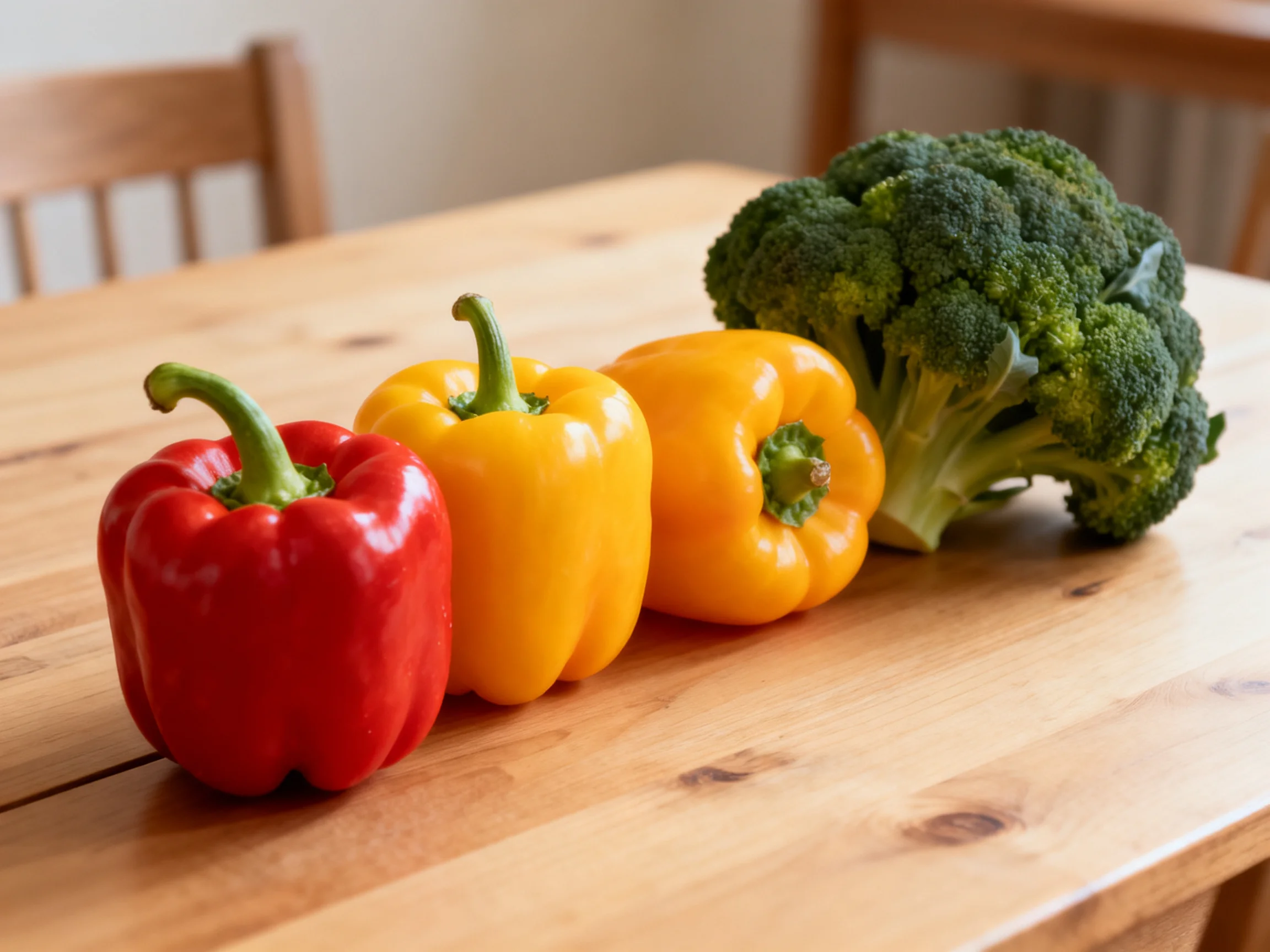 Red, yellow, and orange bell peppers with broccoli on a wooden table