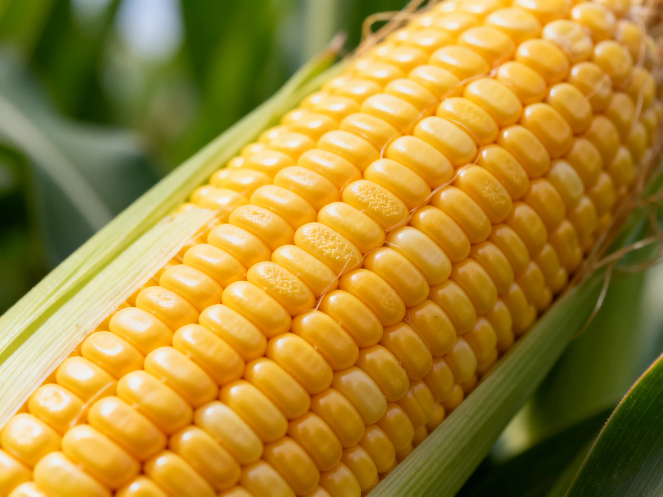 Ripe golden - yellow corn cob with green husk and leafy backdrop