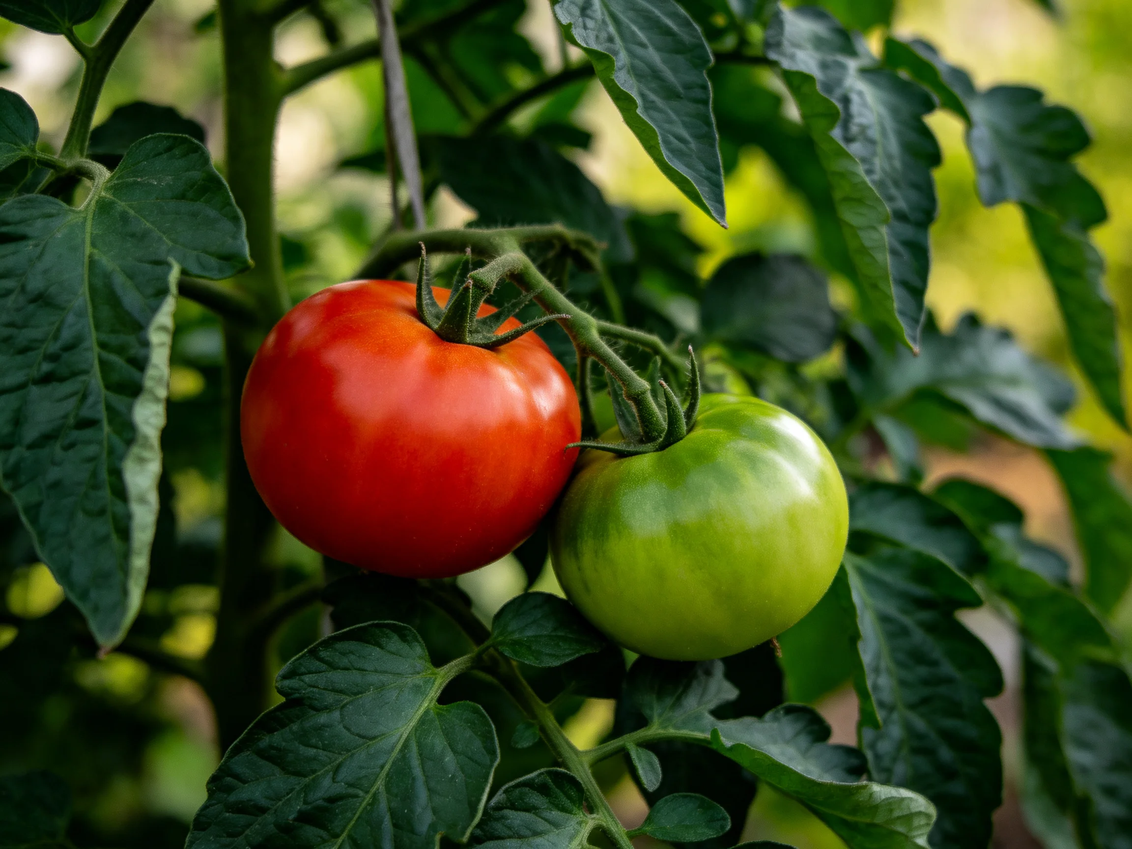 Ripe red tomato and unripe green tomato growing on leafy vine