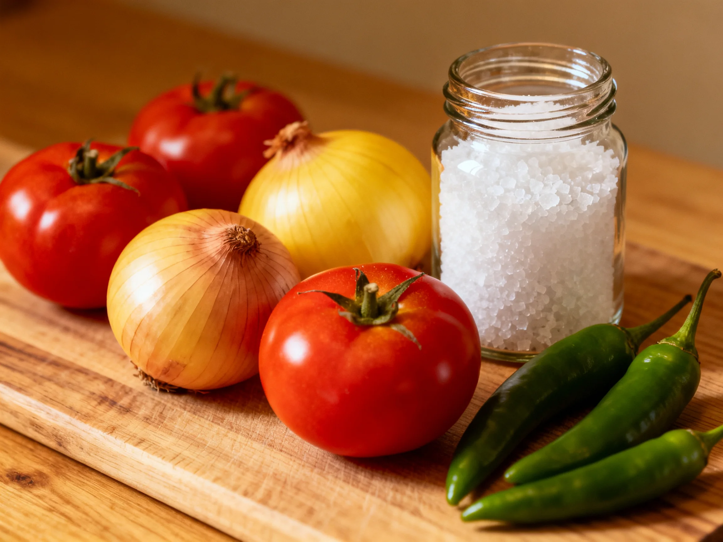 Ripe tomatoes, onions, jalapenos, and salt on a wooden cutting board