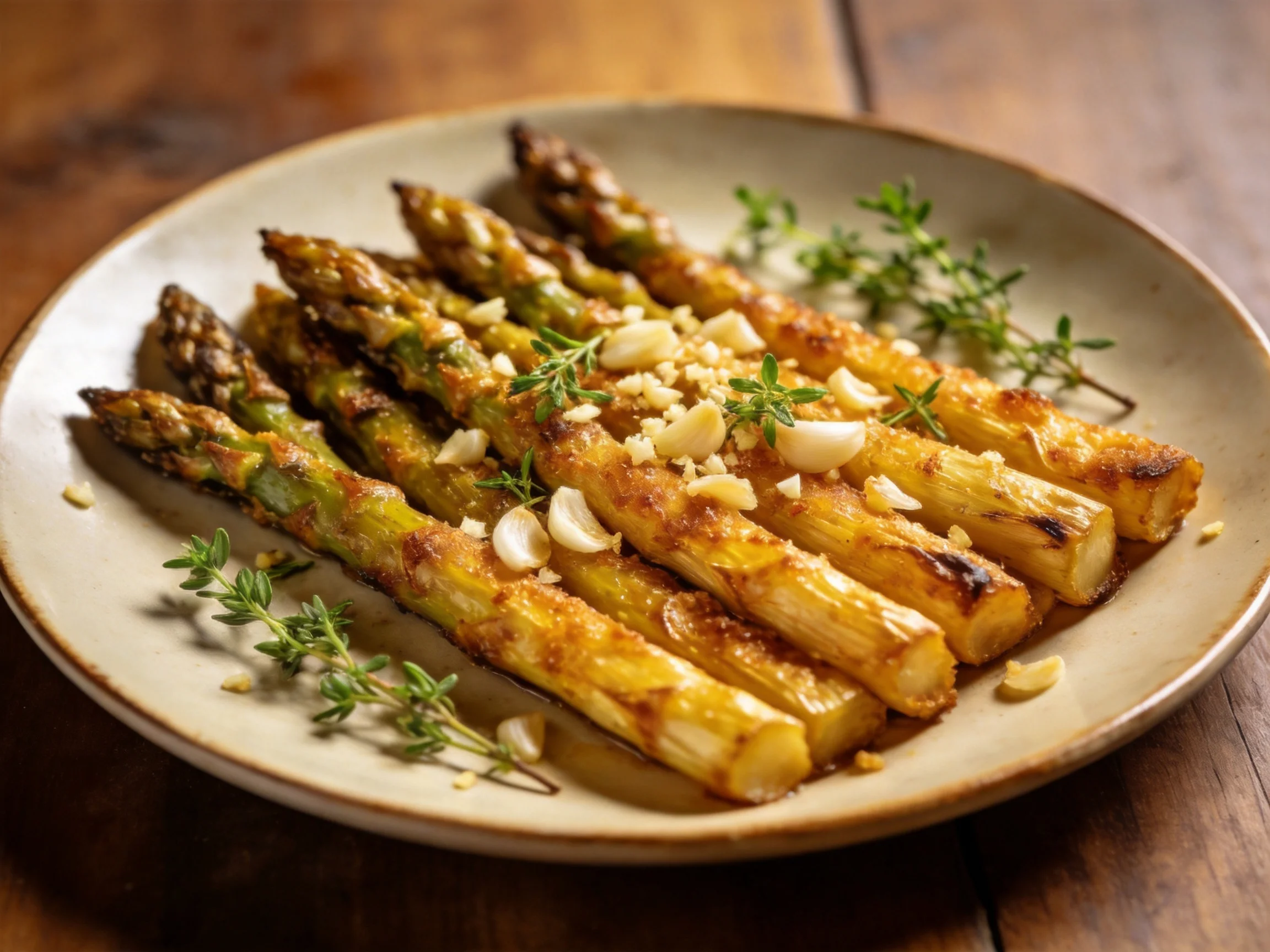 Roasted Asparagus with Garlic and Thyme Garnish on a Ceramic Plate