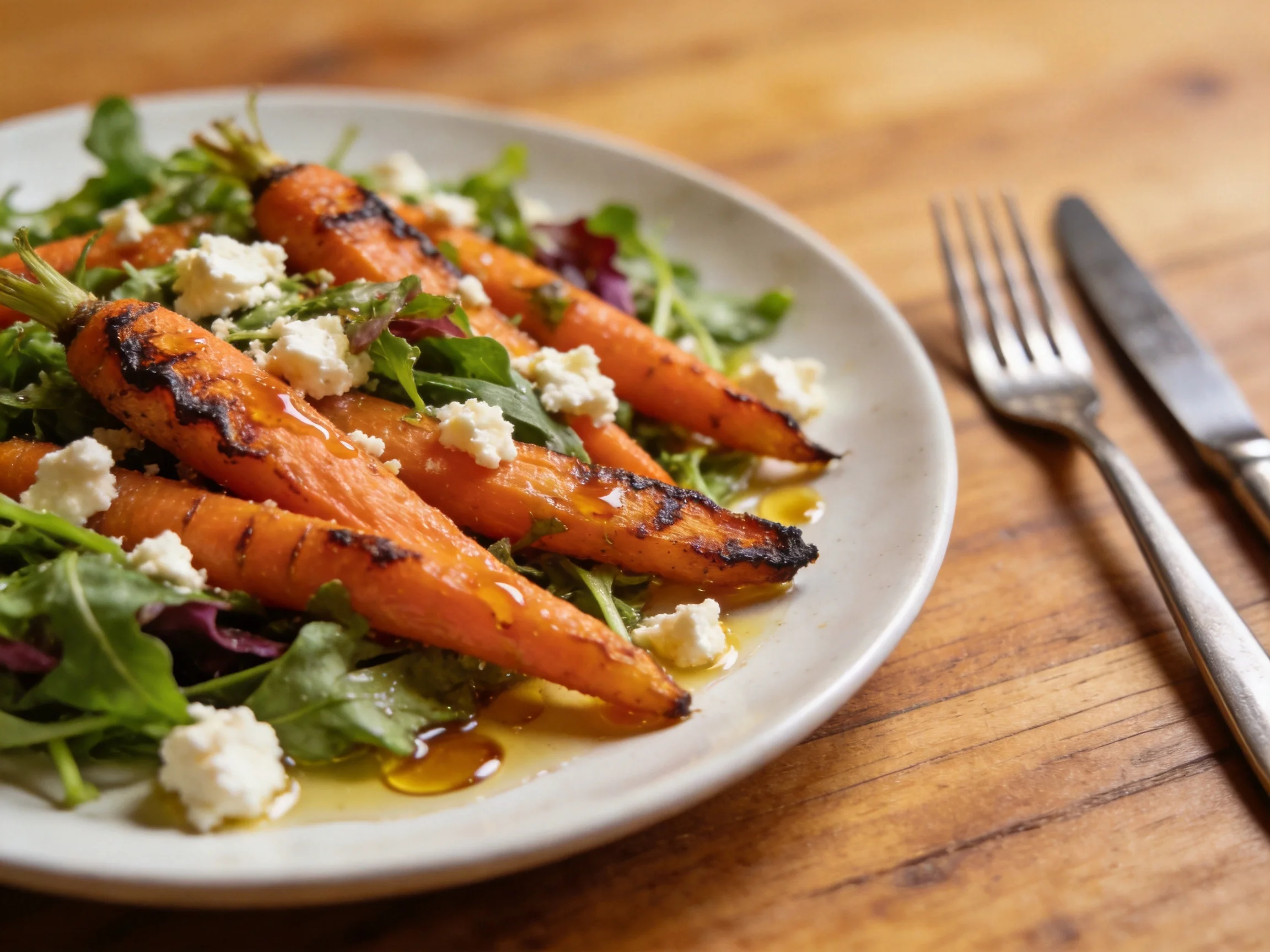 Roasted Carrots with Greens and Cheese on a White Plate