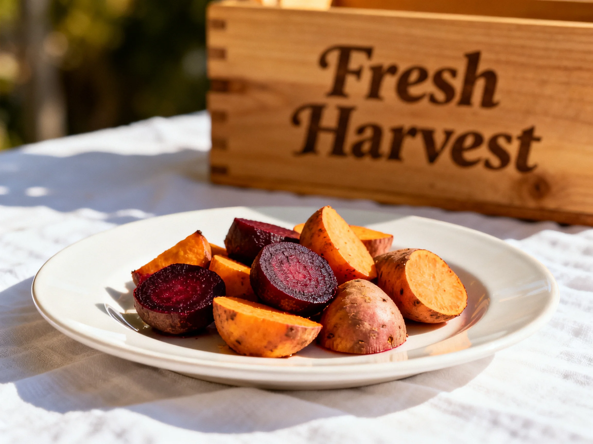 Roasted beets and sweet potatoes on a white plate near a Fresh Harvest crate