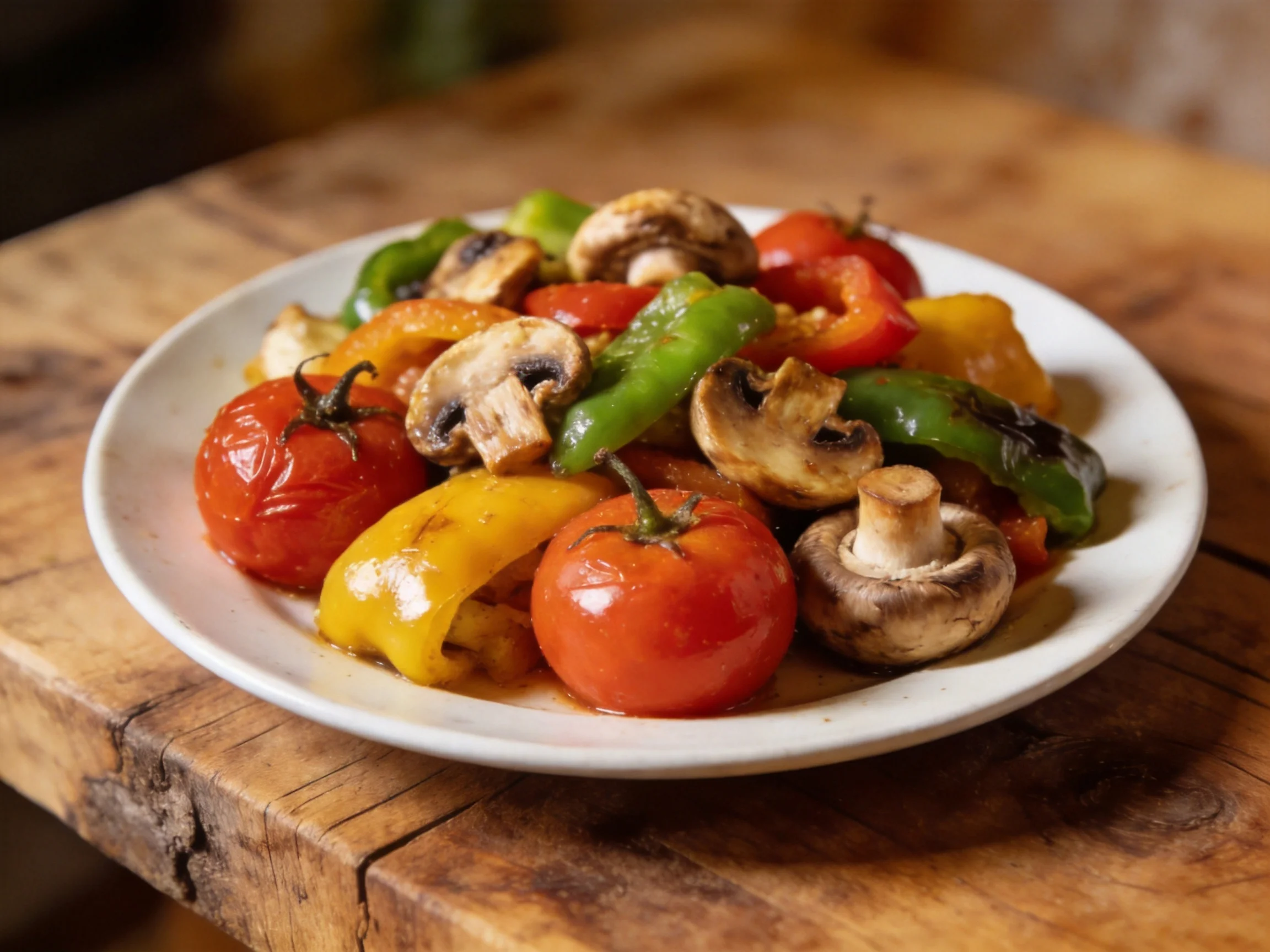 Roasted cherry tomatoes, bell peppers, and mushrooms served on a white plate