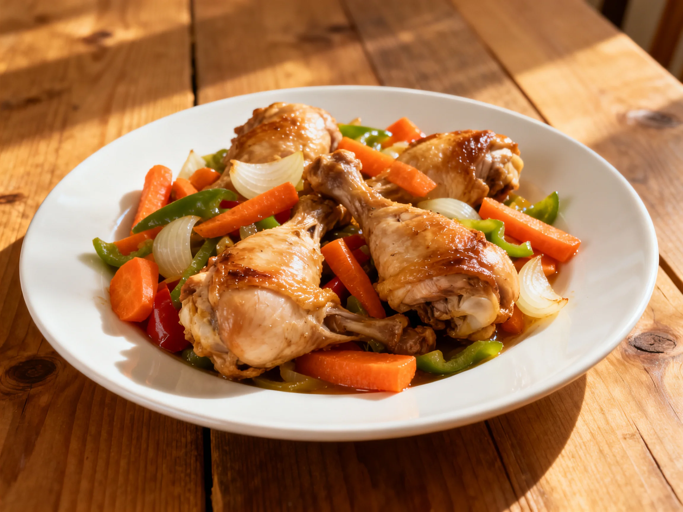 Roasted chicken drumsticks with carrots, green peppers, and onions on a white plate