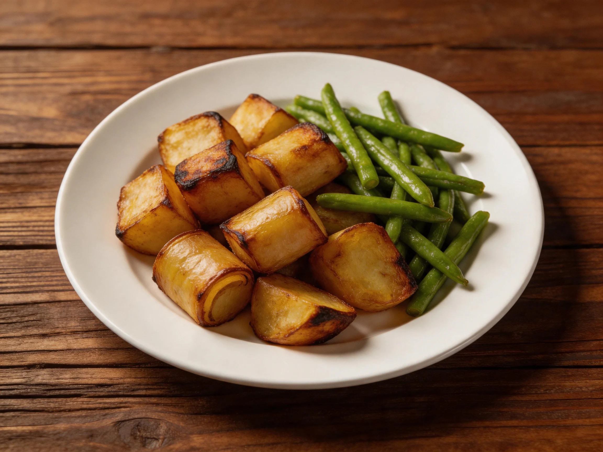 Roasted golden potato chunks paired with vibrant green beans on a white plate