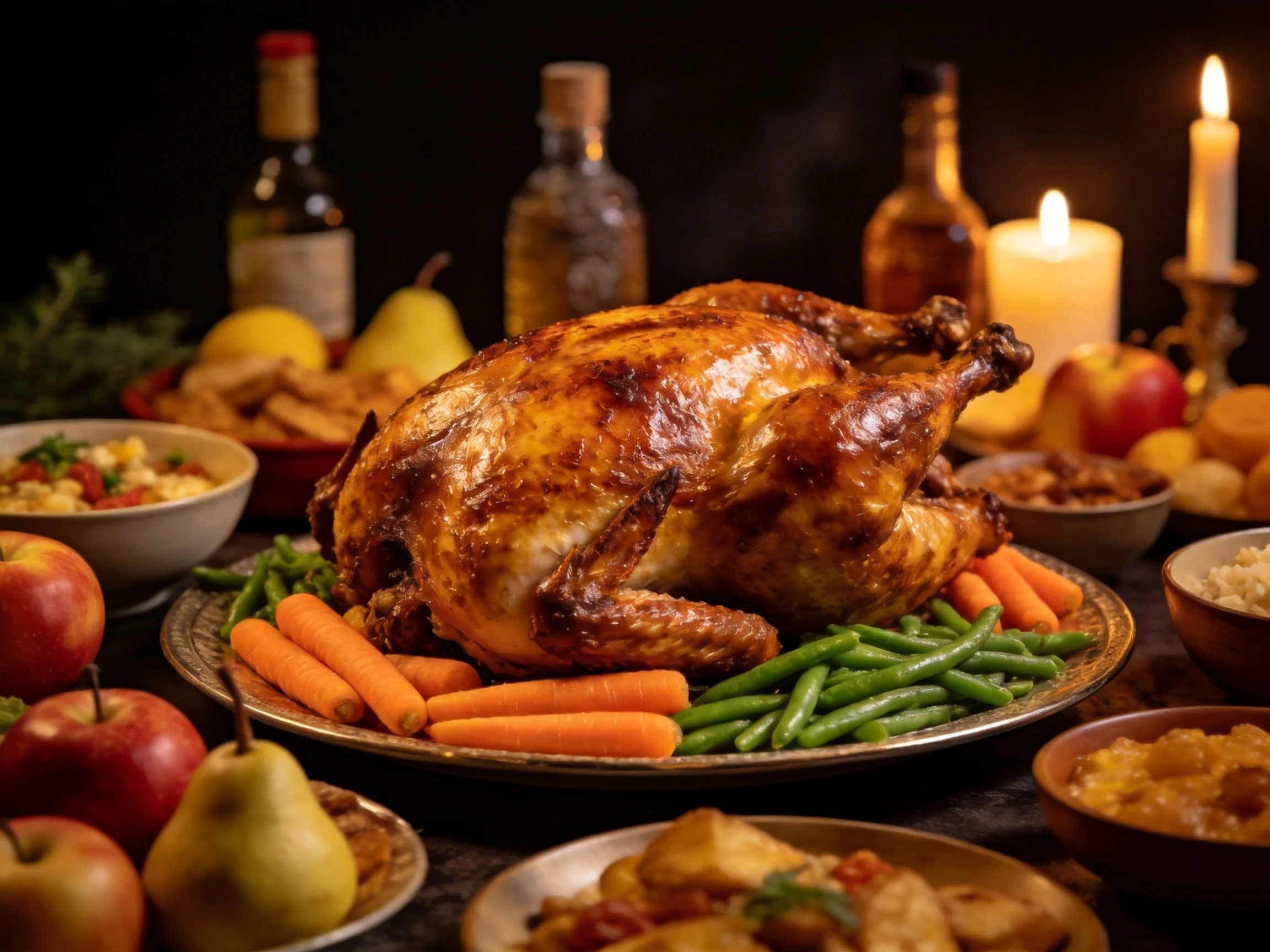 Roasted golden turkey with vegetables, fruits, and candles for celebration