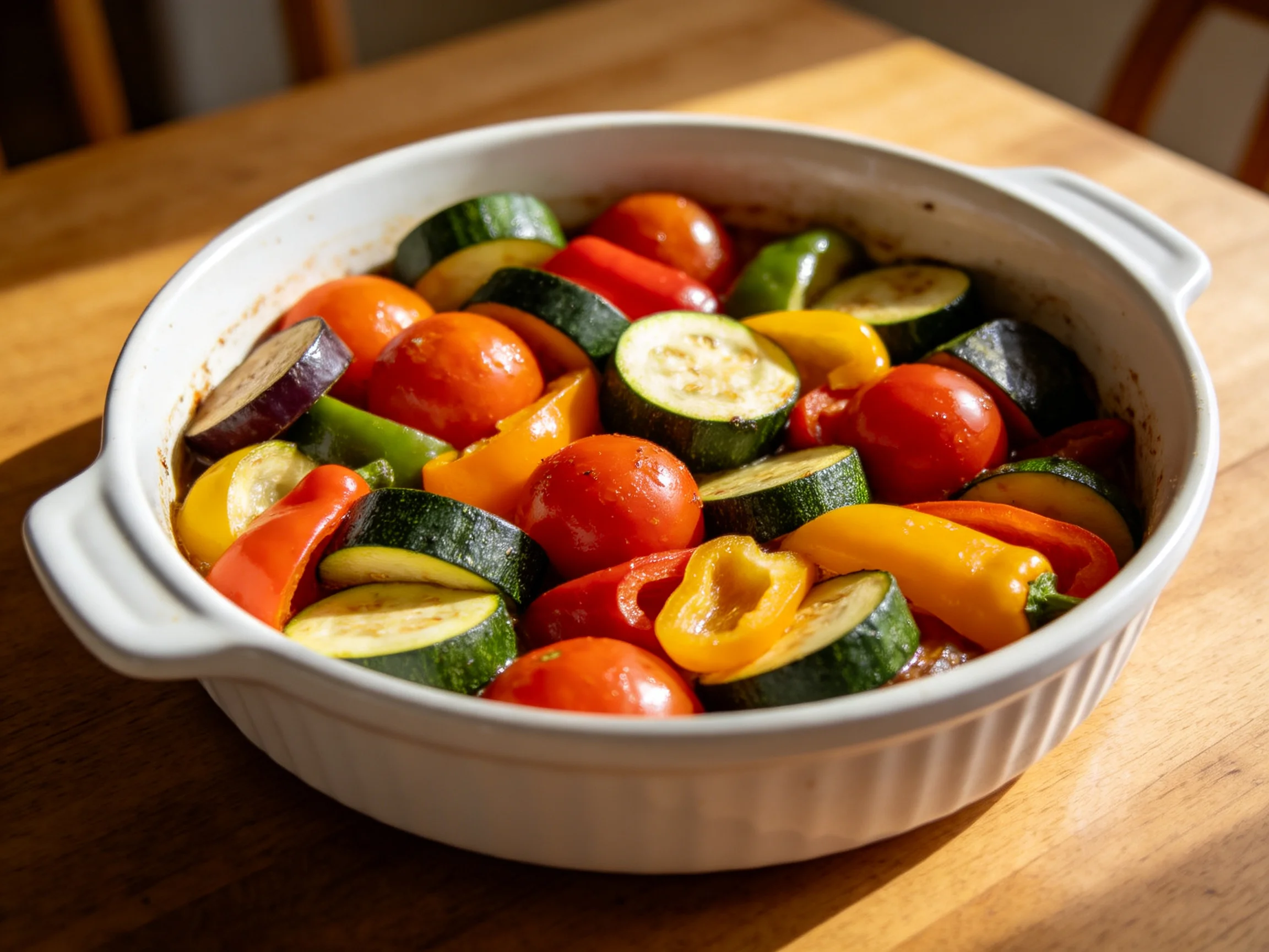 Roasted medley of zucchinis, cherry tomatoes, bell peppers, and eggplant in white ceramic dish