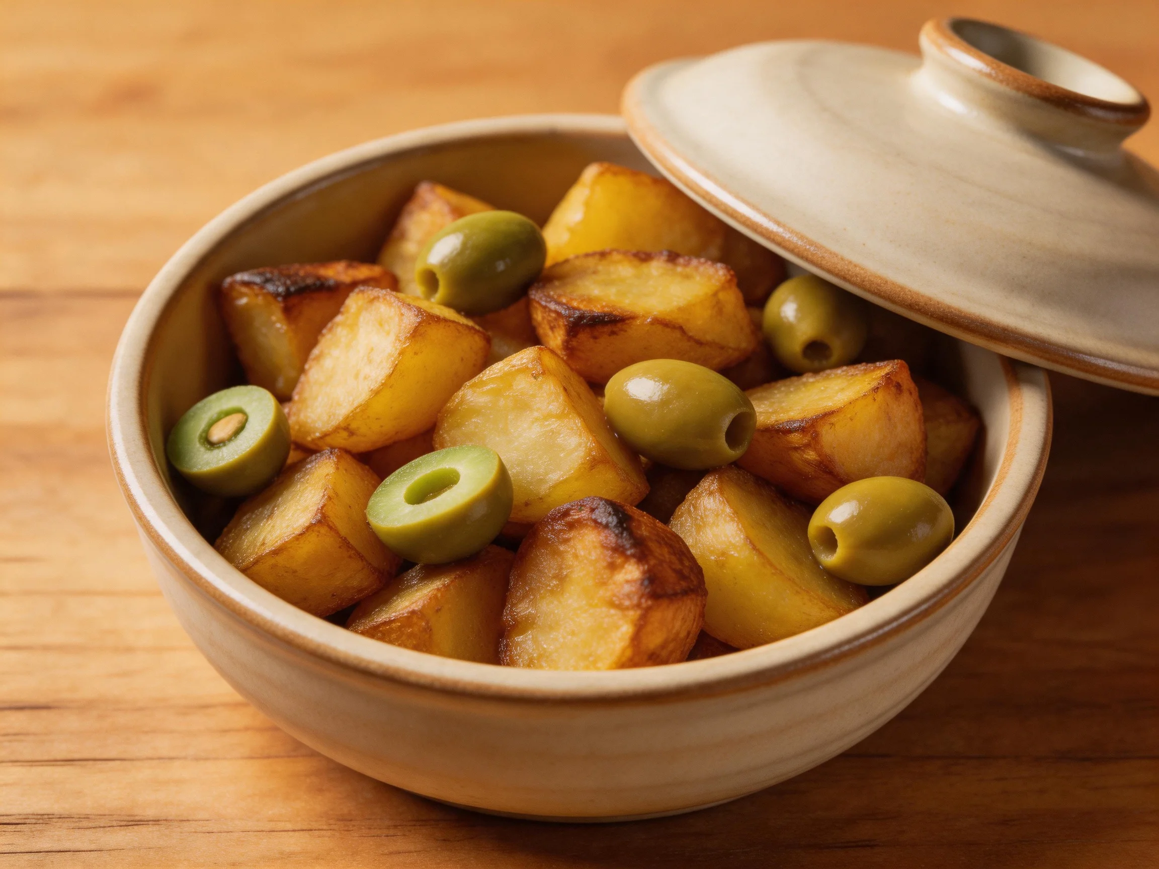 Roasted potato cubes with green olives in an earth-toned ceramic dish