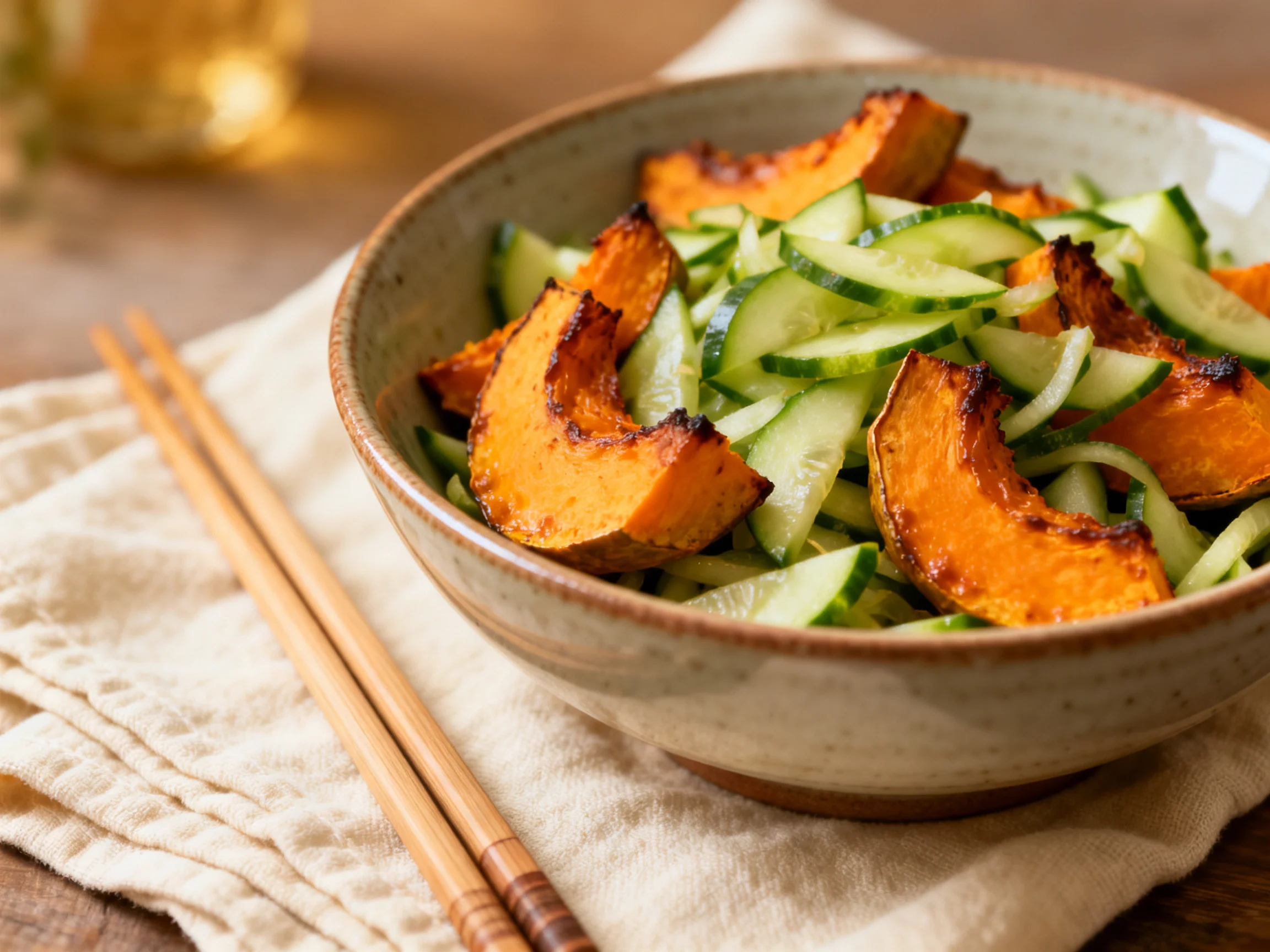 Roasted squash and cucumber salad in ceramic bowl with chopsticks