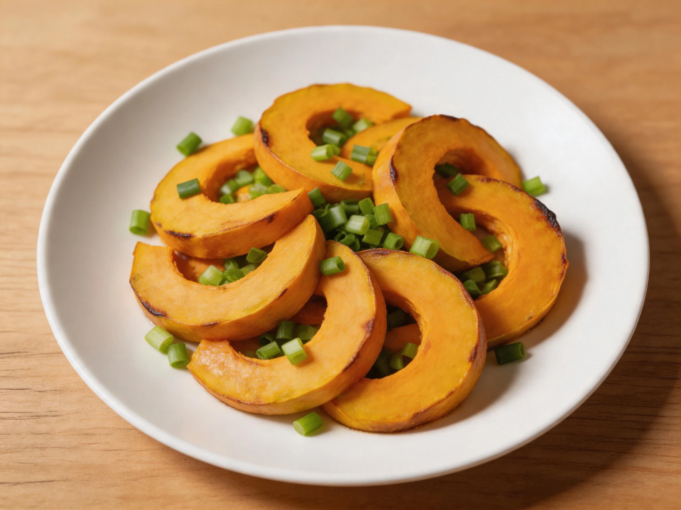 Roasted squash slices with chopped green onions on a white plate