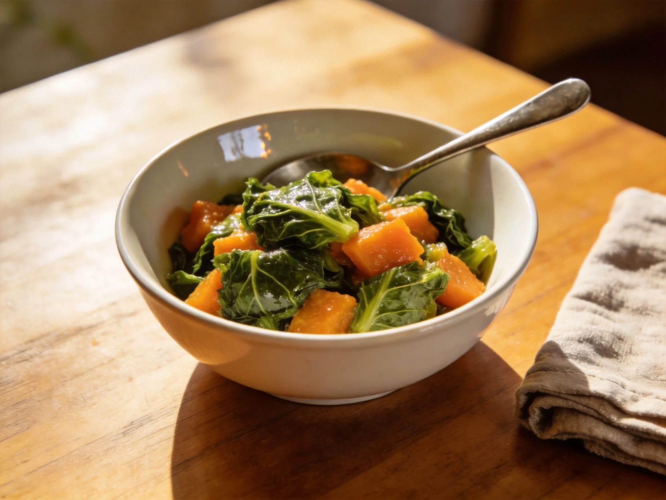 Roasted sweet potatoes and leafy greens in a white bowl on a wooden table