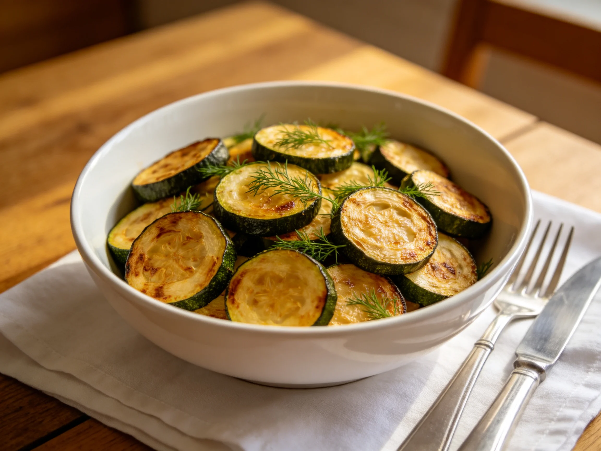 Roasted zucchini slices in a white bowl with dill garnish on a wooden table