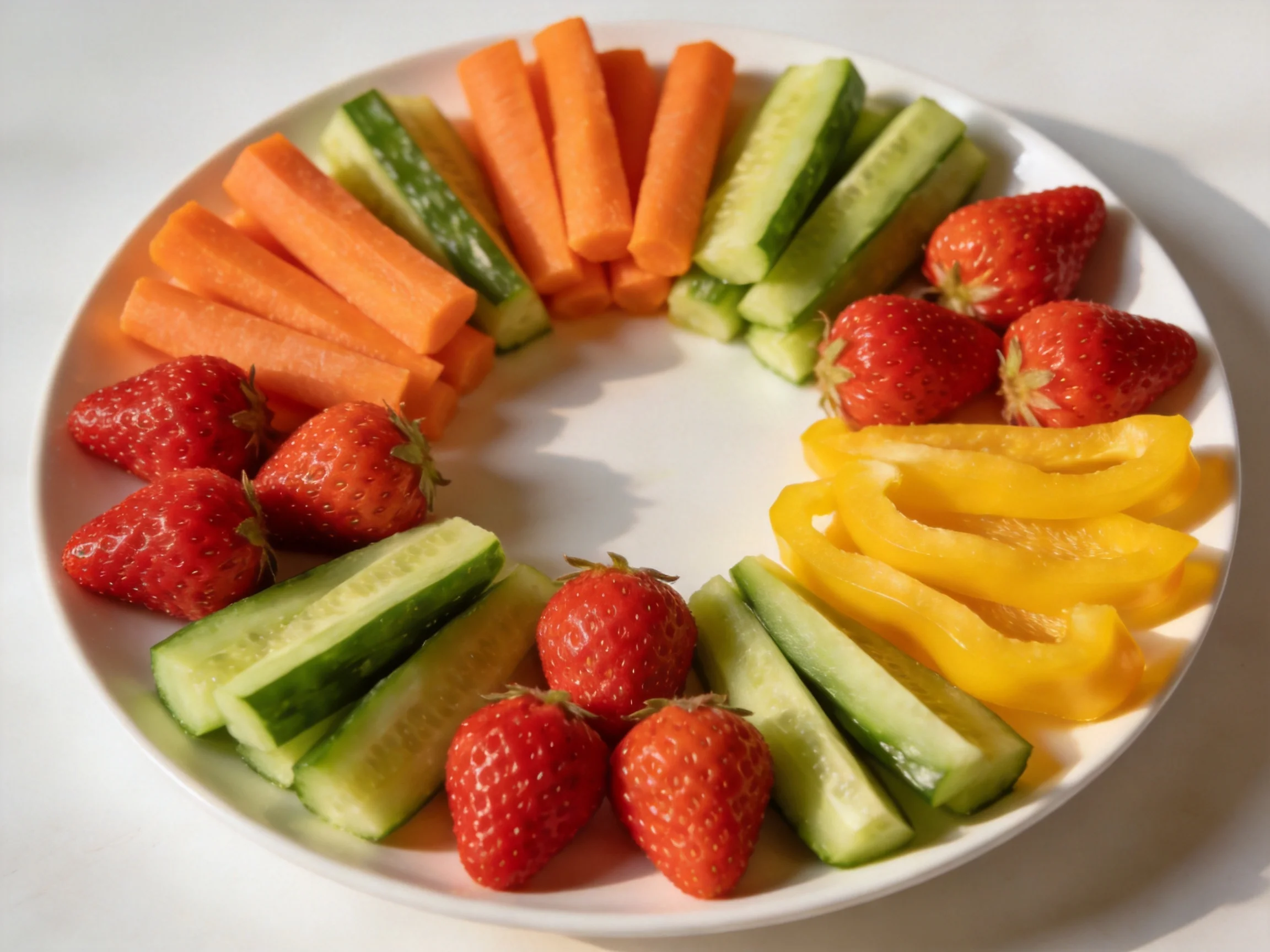 Round plate with strawberries, carrot sticks, cucumber slices, and bell pepper strips
