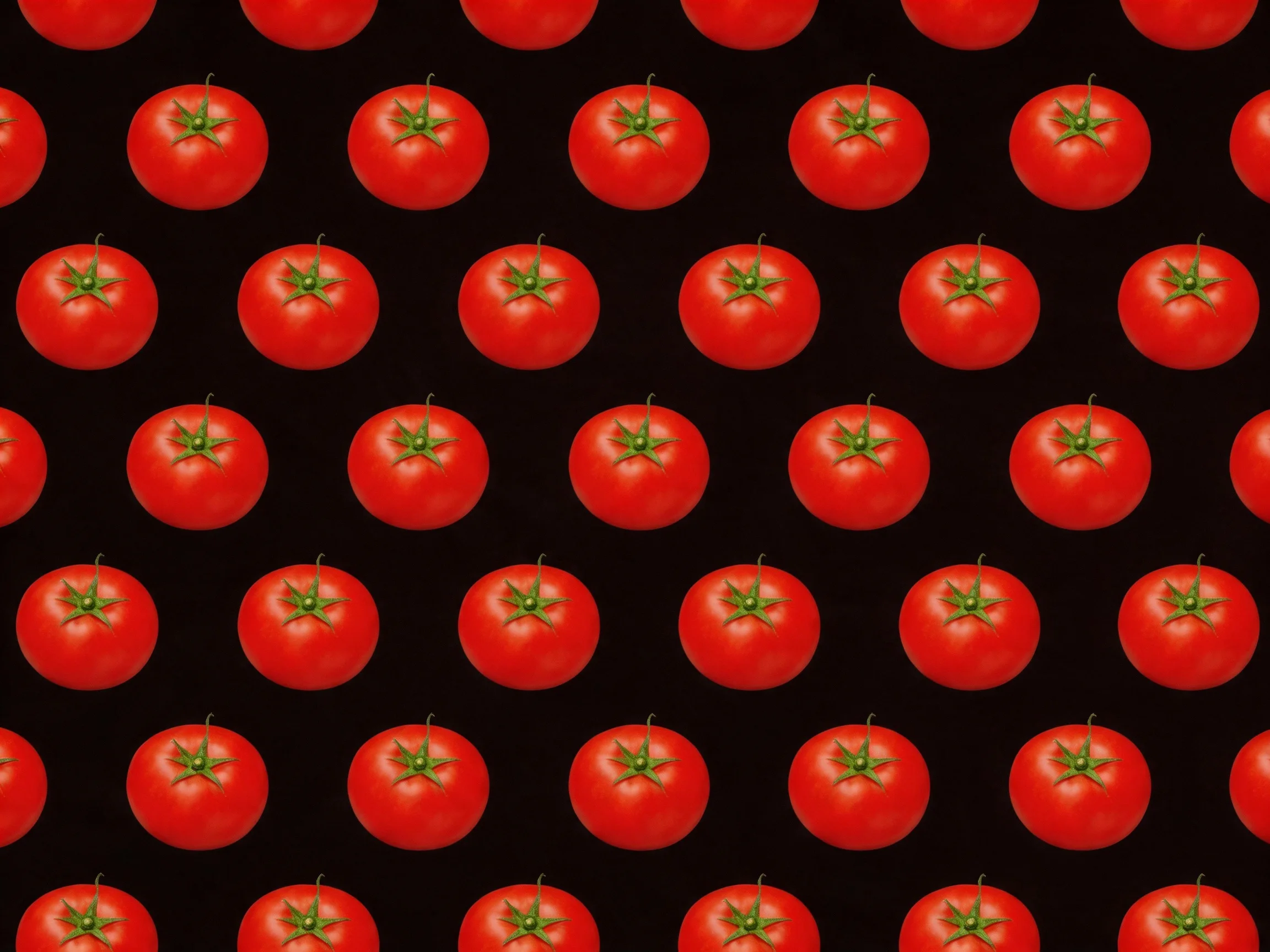 Rows of bright red tomatoes arranged uniformly on a black background