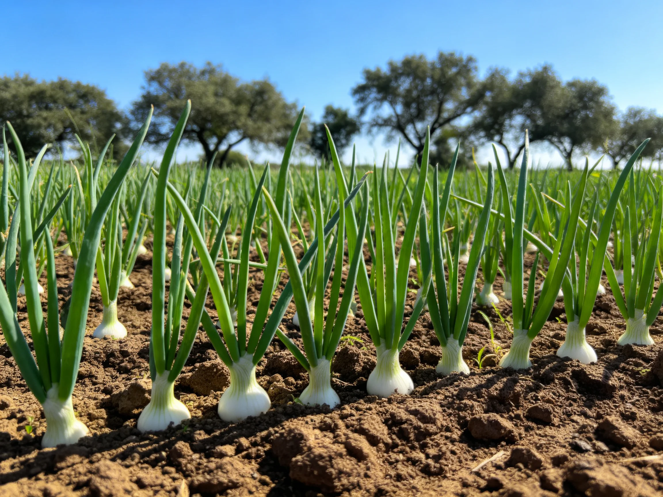 Rows of green onion plants growing in tilled farm soil with trees