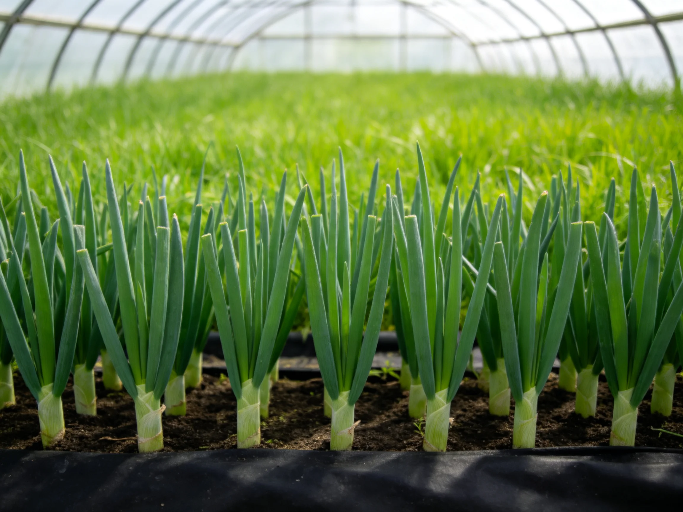 Rows of green onion seedlings growing in a greenhouse tunnel