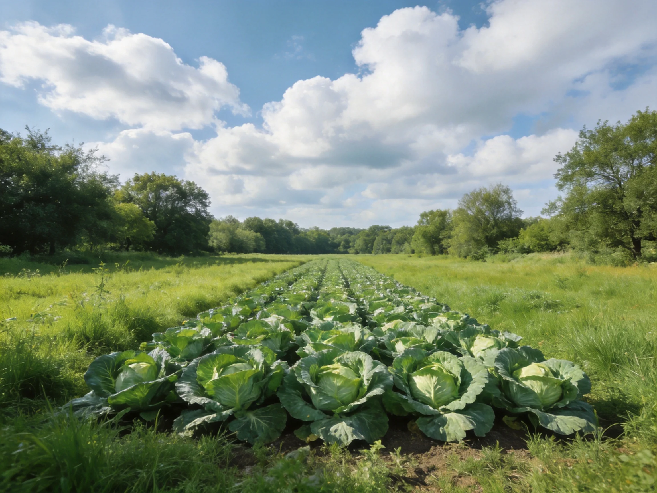 Rows of large green cabbages extend into a verdant field with trees and clouds