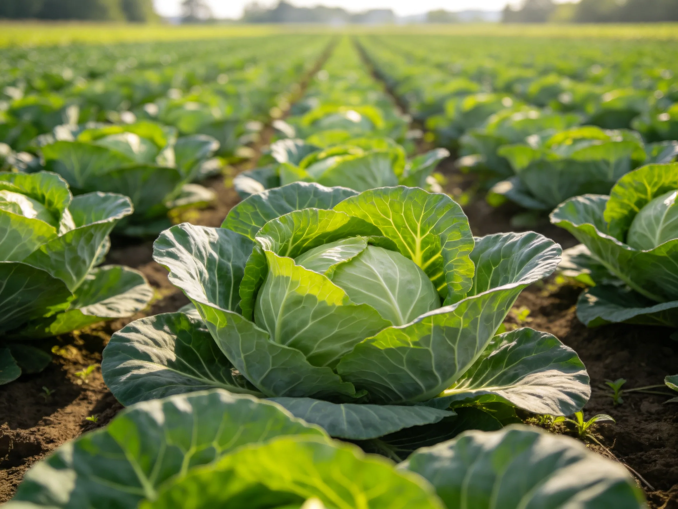 Rows of lush green cabbage plants growing in an expansive agricultural field
