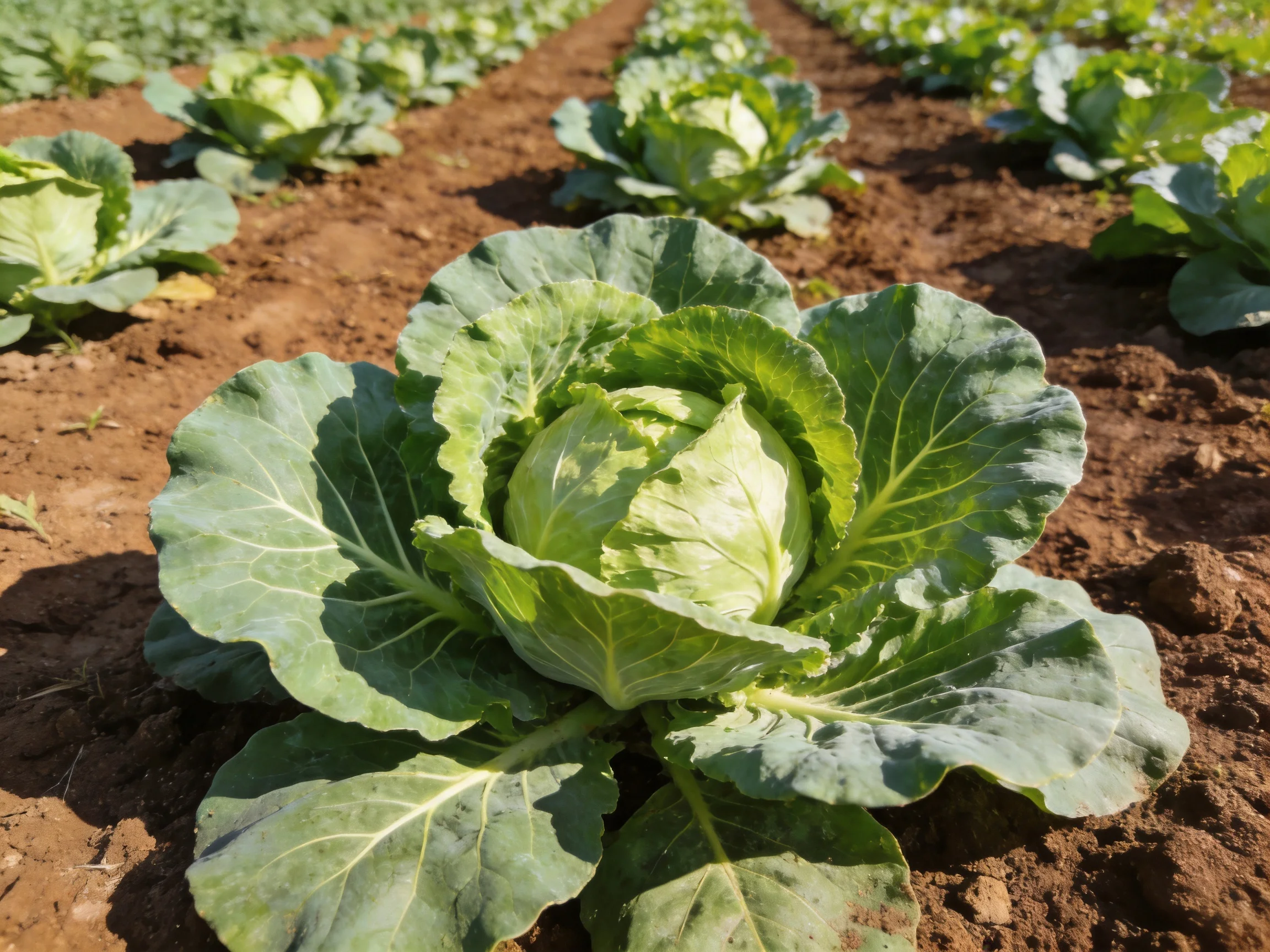 Rows of lush green cabbages in cultivated farm fields