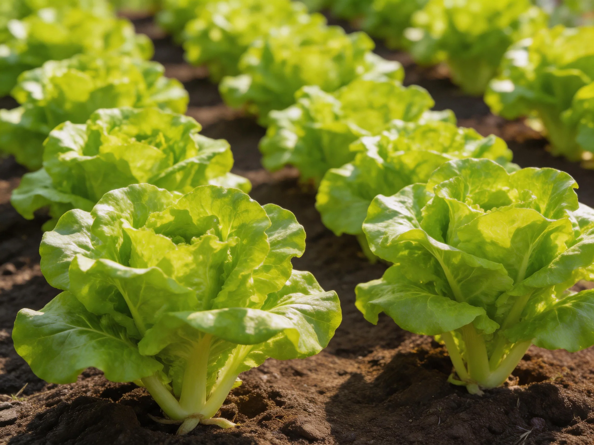 Rows of lush green lettuce thriving in dark, fertile soil under sunny conditions