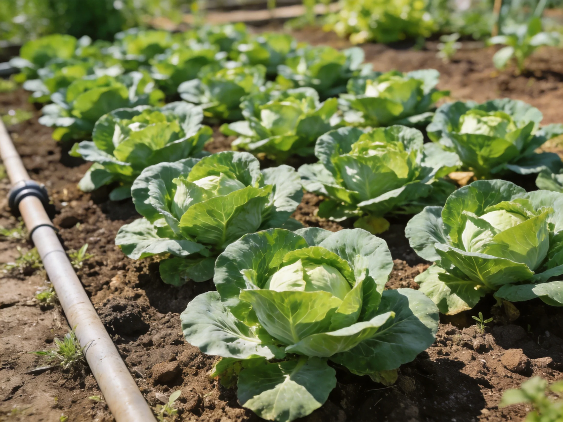 Rows of vibrant green cabbage plants in a well-tended garden field