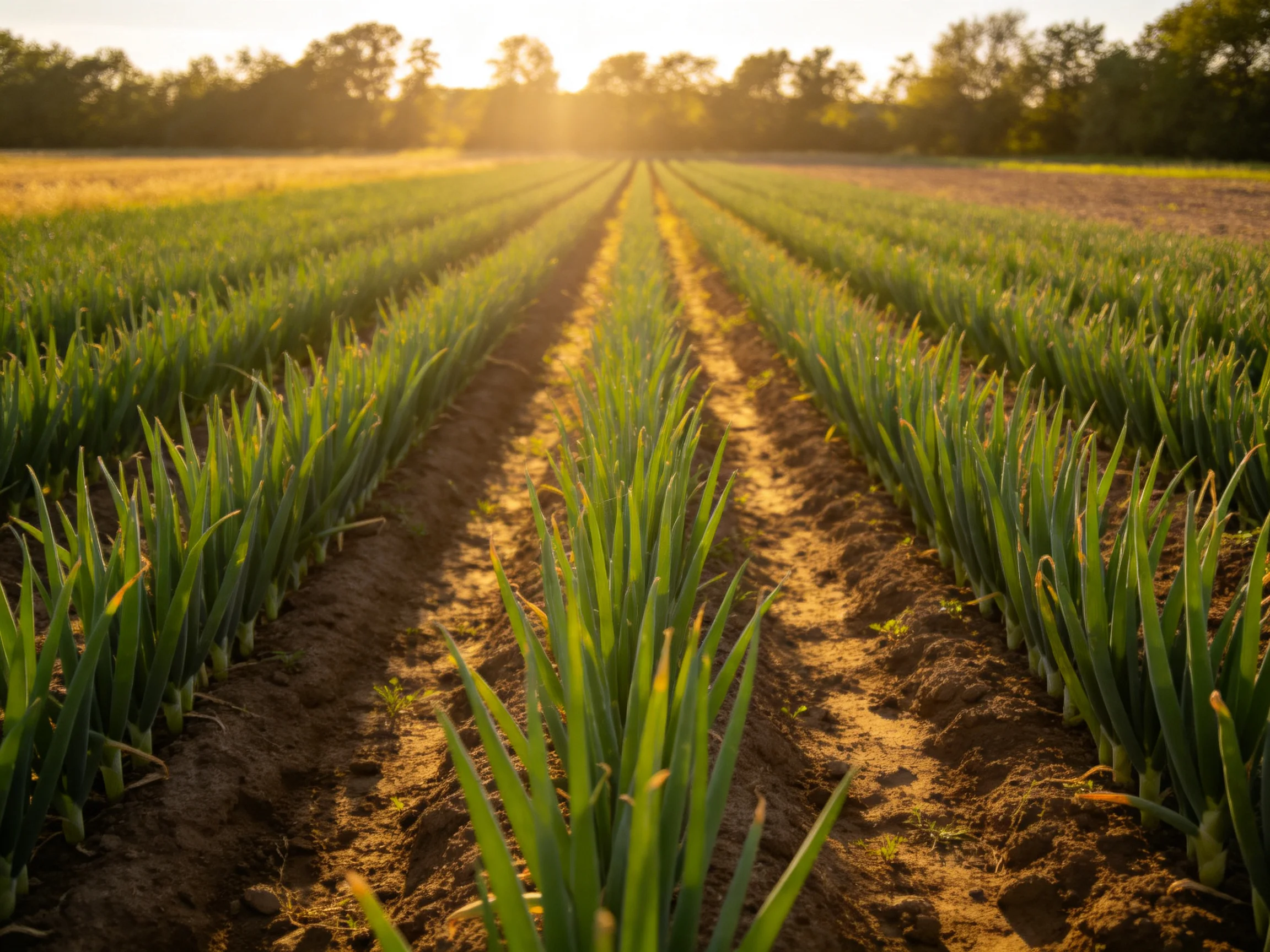 Rows of vibrant green crops stretch across the field under golden sunlight