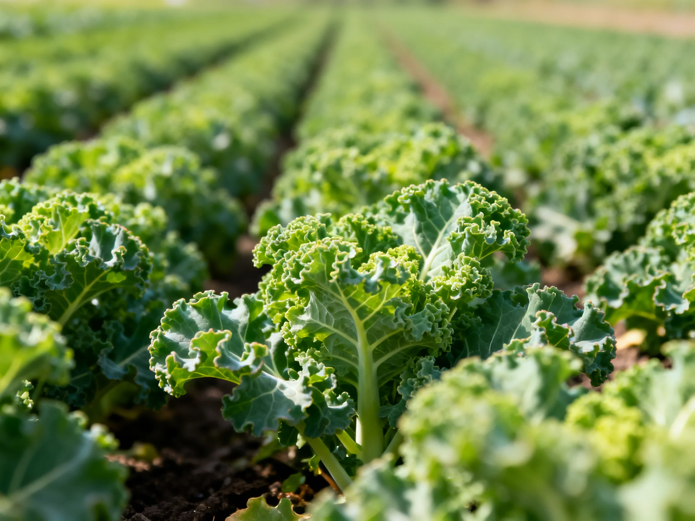 Rows of vibrant green curly kale in an organized farm field